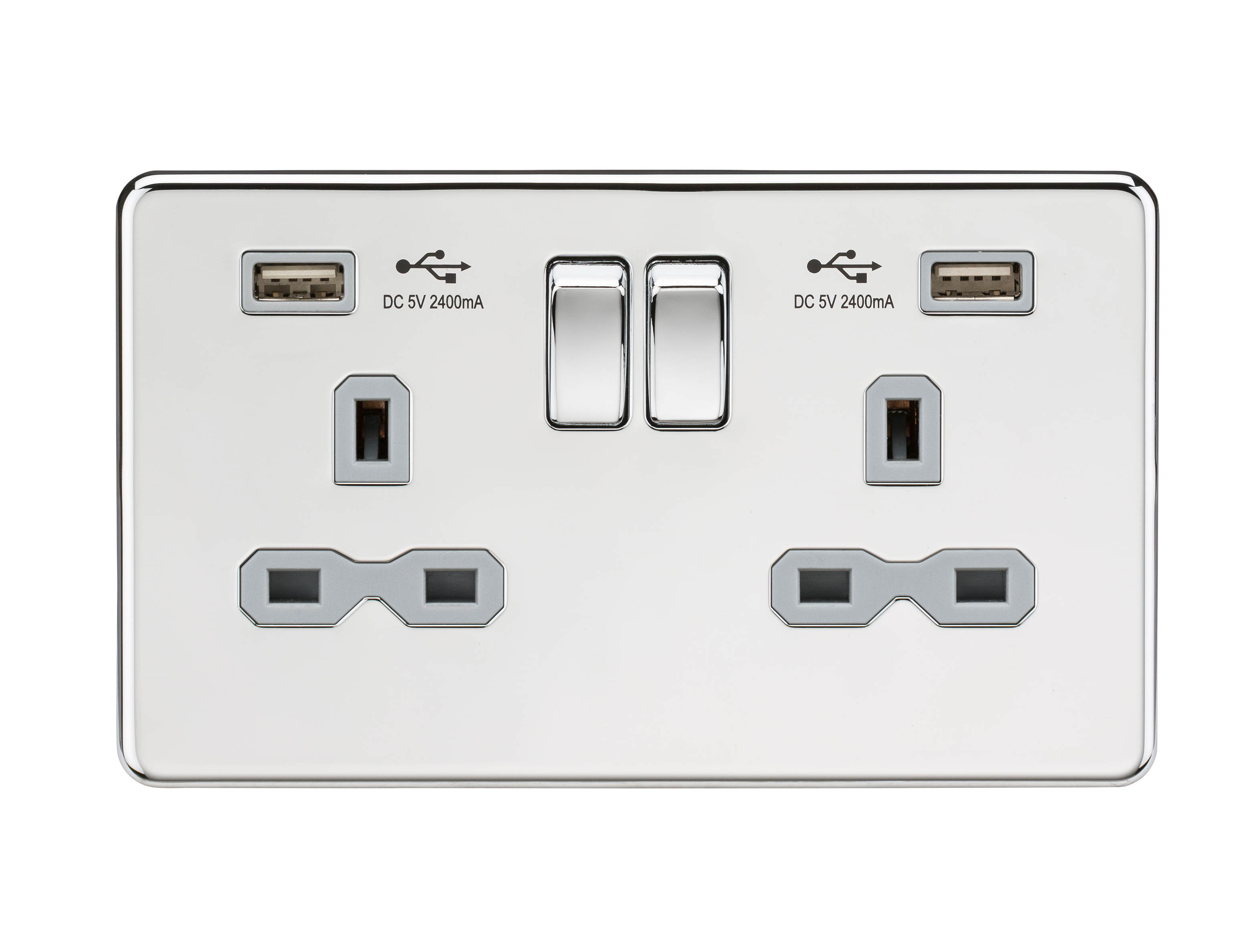 13A 2G switched socket with dual USB charger A + A (2.4A) - Polished chrome with grey insert