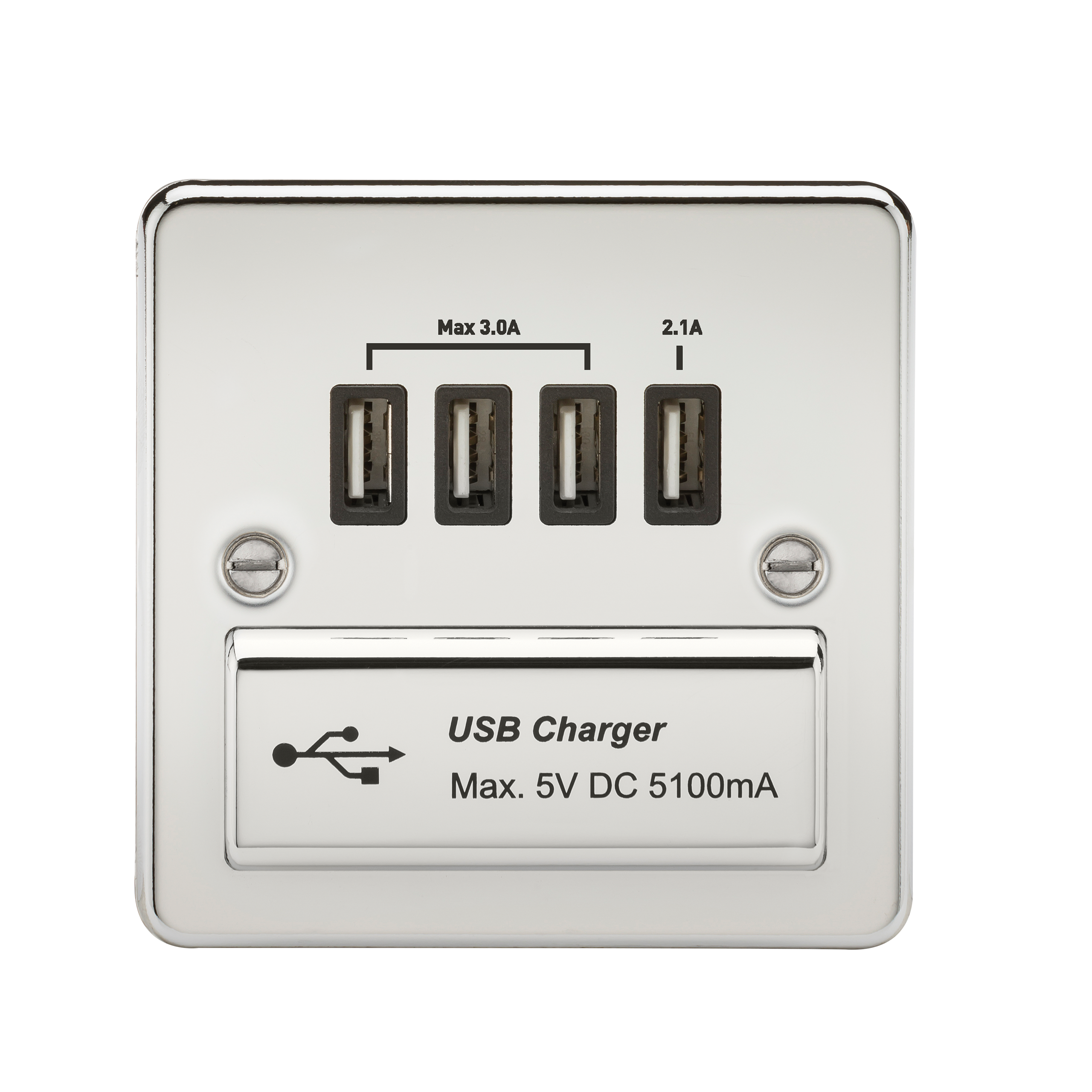 Flat Plate Quad USB charger outlet - Polished chrome with black insert