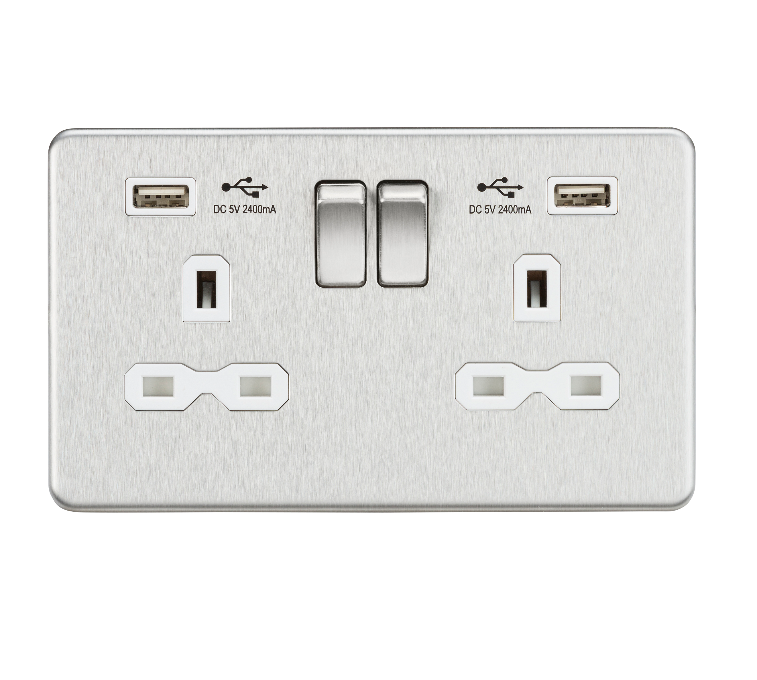 2G 13A Screwless Brushed Chrome 2G Switched Socket with Dual 5V USB Charger Ports - White Insert