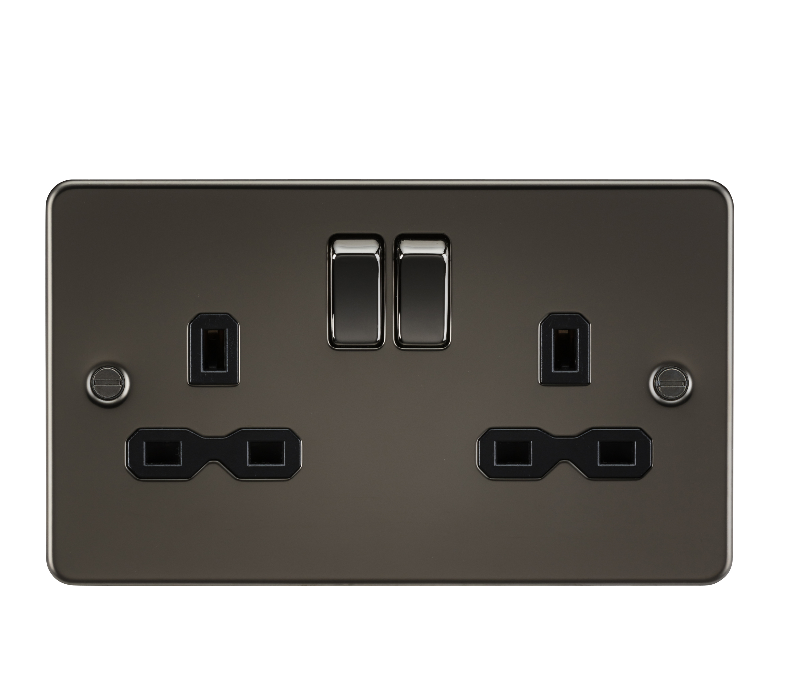 Flat plate 13A 2G DP switched socket - gunmetal with black insert