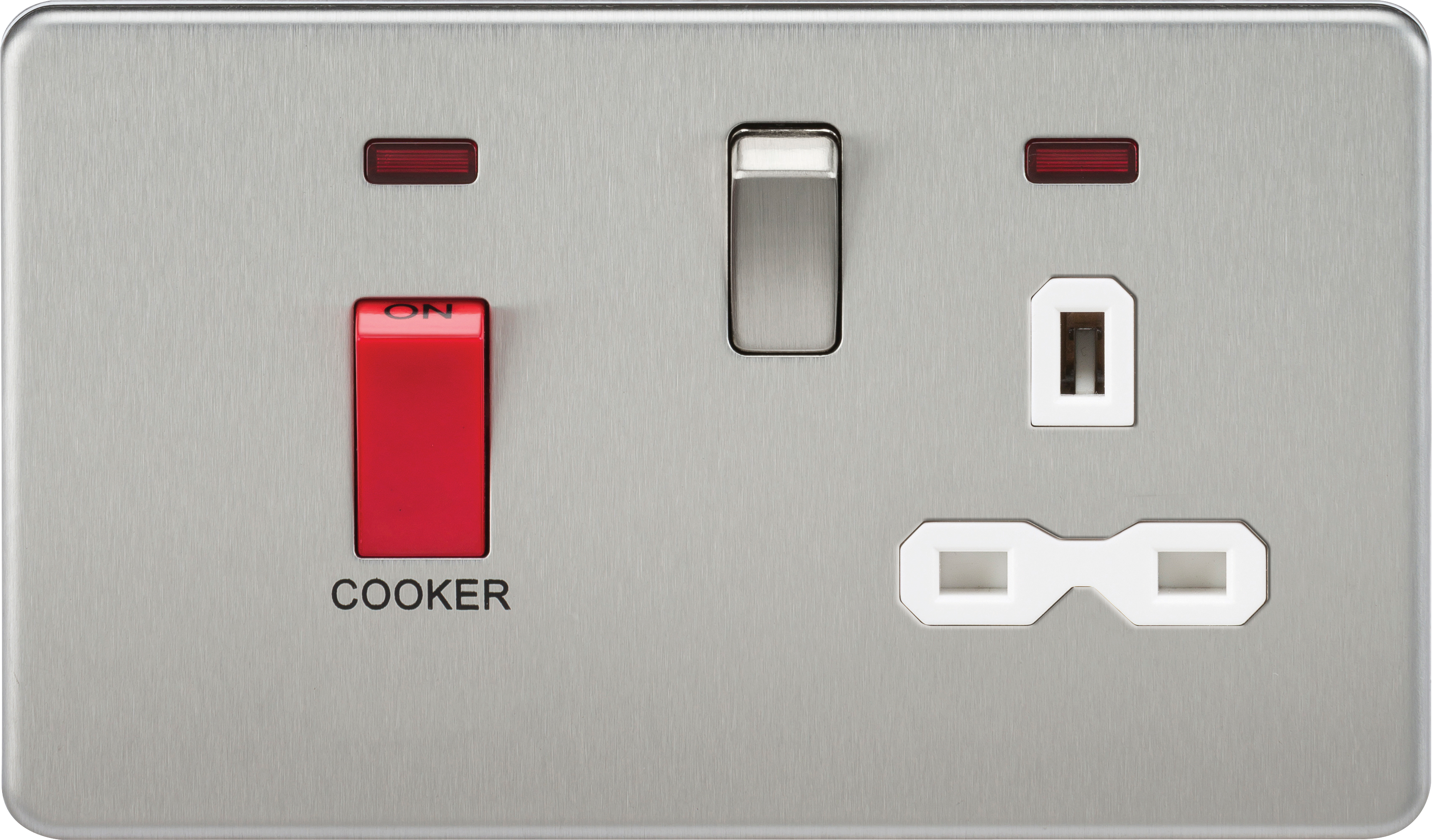 45A 2G DP 230V Screwless Brushed Chrome Switch With Neon & Socket - White Insert