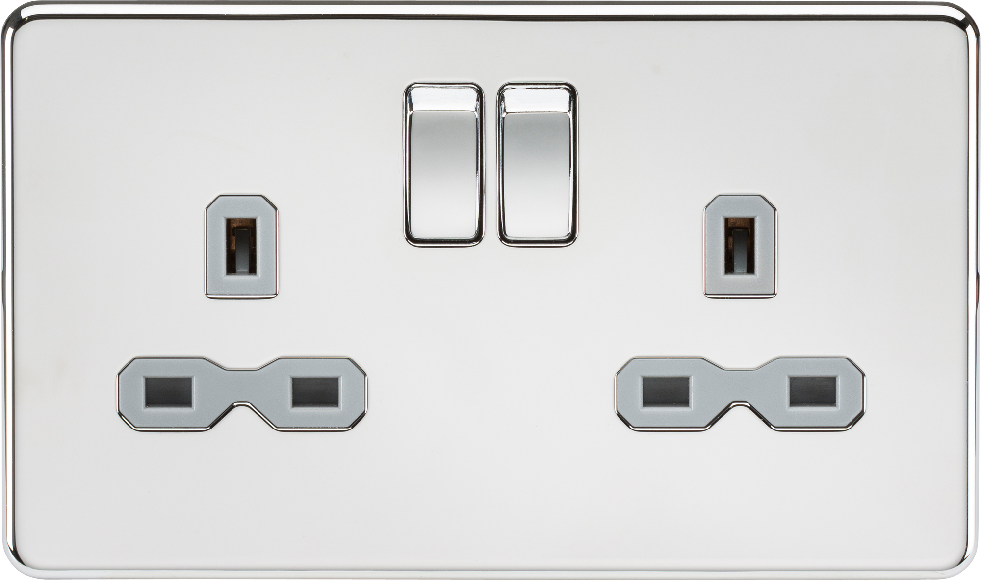 Screwless 13A 2G DP switched socket - polished chrome with grey insert