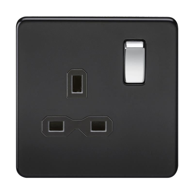 1G DP 13A Screwless Matt Black 230V UK 3 Pin Switched Electrical Wall Socket