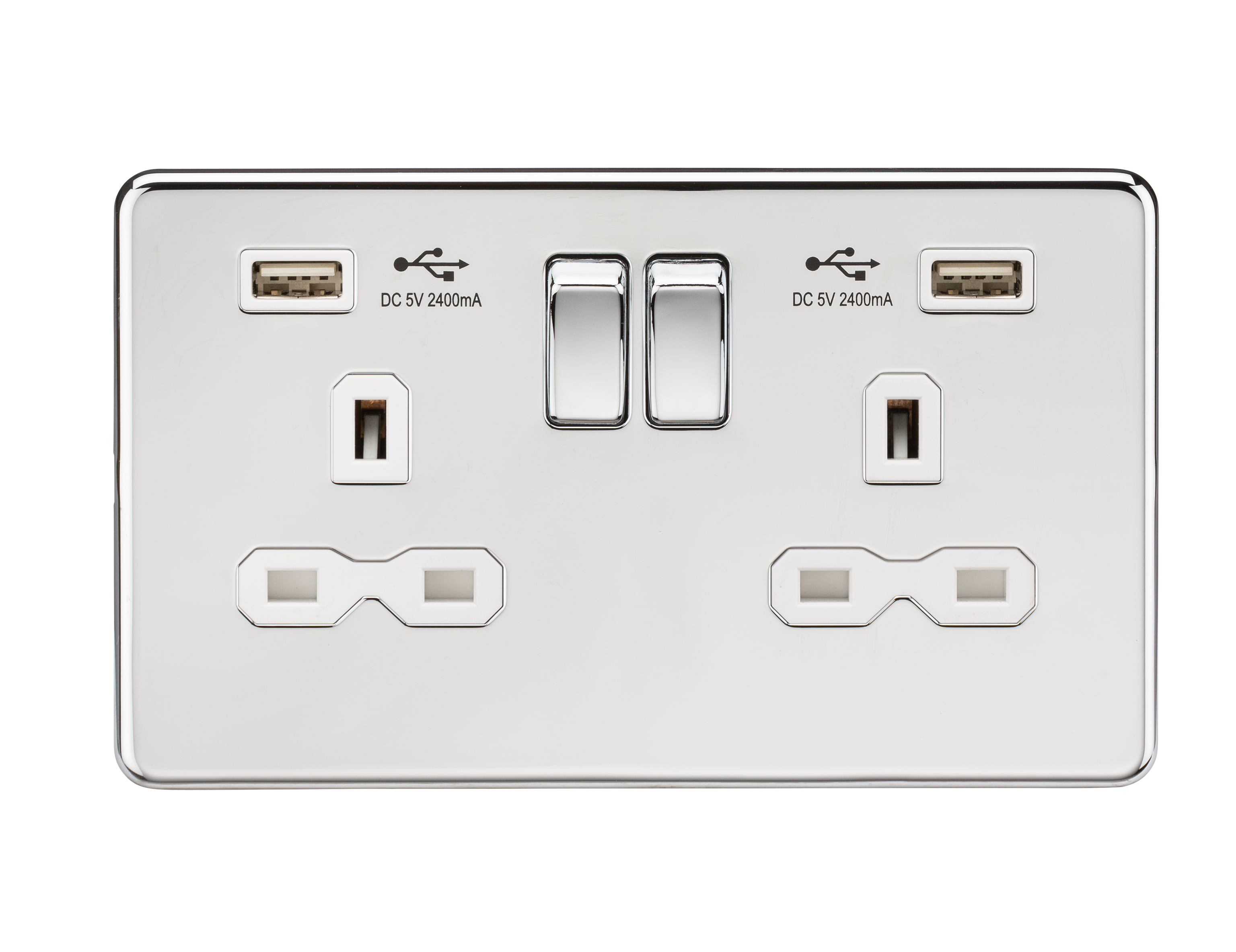 2G 13A Screwless Polished Chrome 2G Switched Socket with Dual 5V USB Charger Ports - White Insert