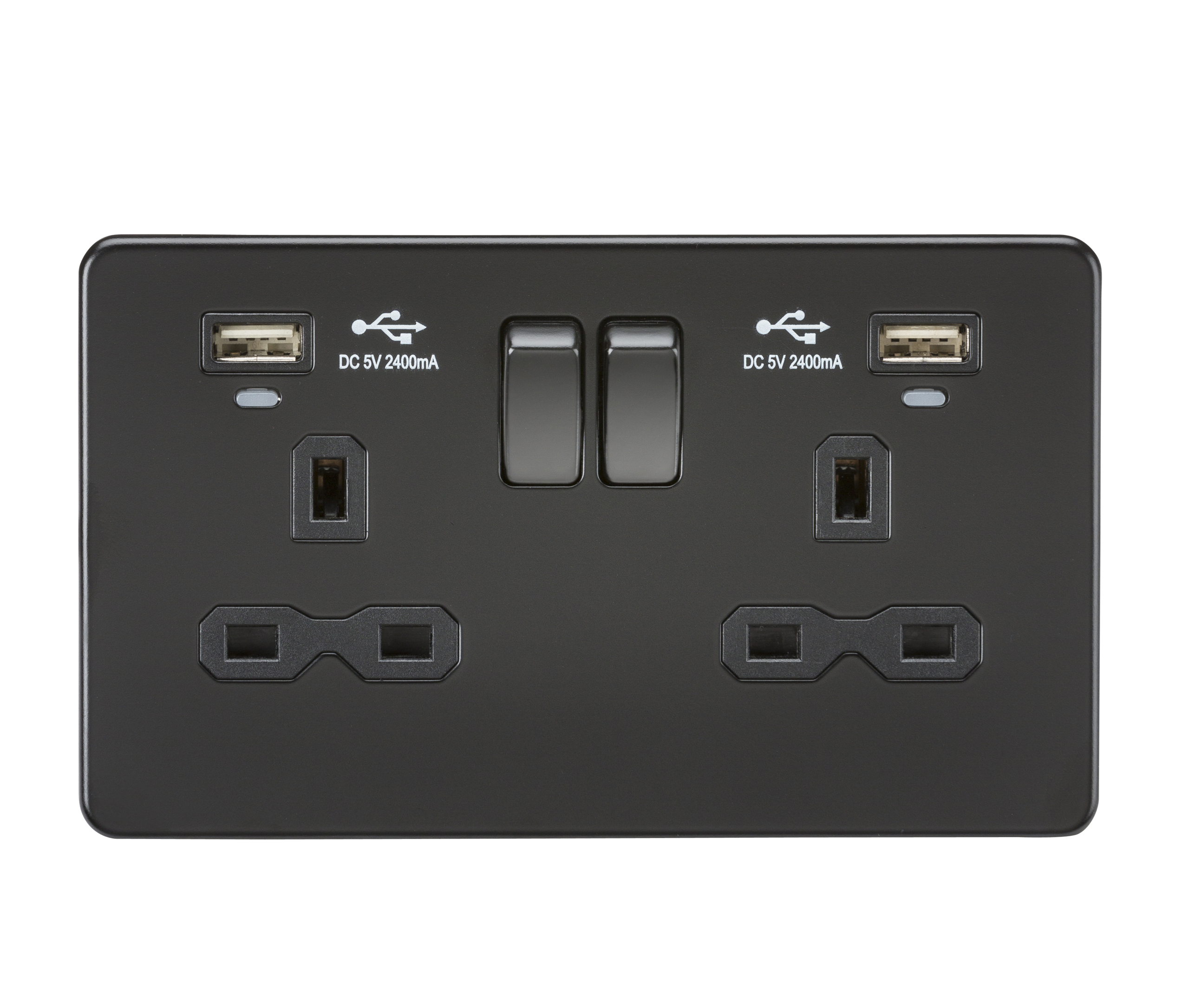 13A 2G Switched Socket, Dual USB (2.4A) with LED Charge Indicators - Matt Black