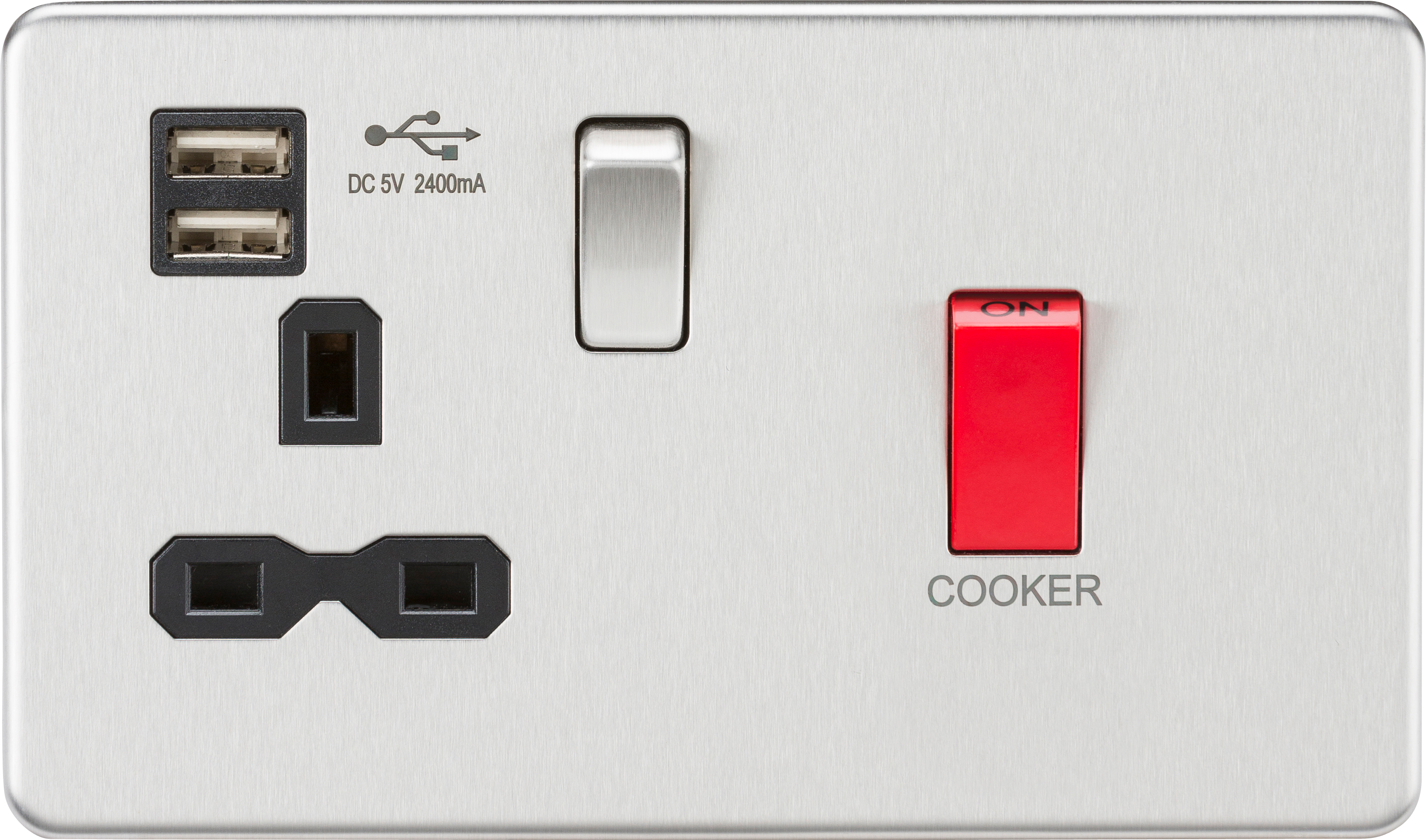 45A DP Switch & 13A Switched Socket with Dual USB Charger 2.4A - Brushed Chrome with black insert