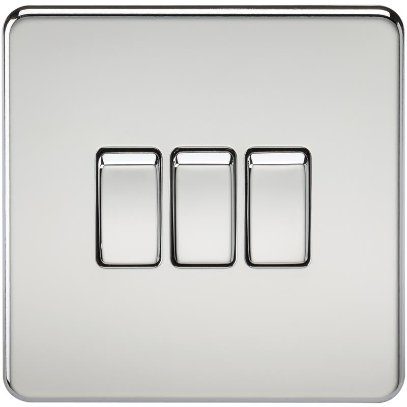 10A 3G 2 Way 230V Screwless Polished Chrome Electric Wall Plate Switch