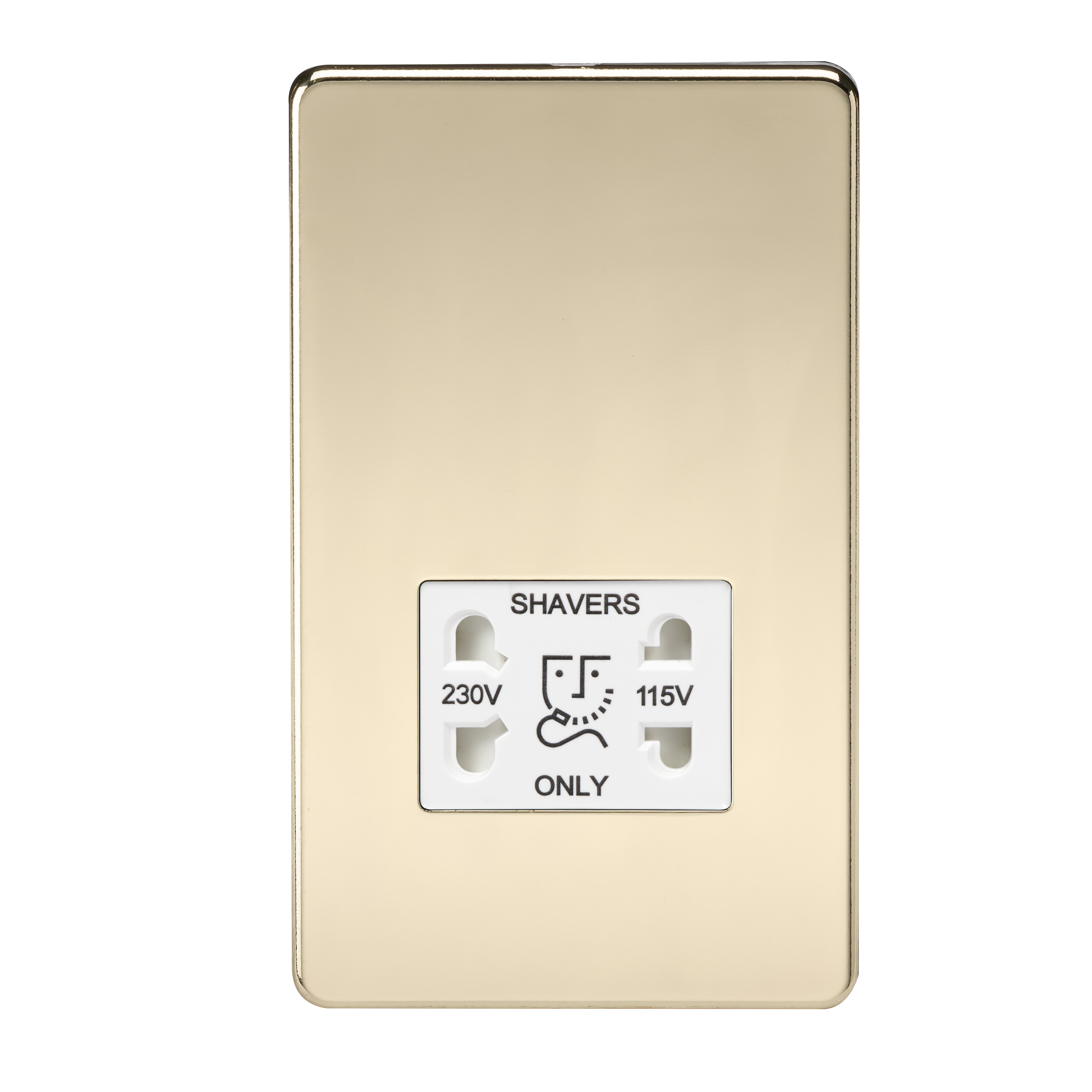 Screwless Polished Brass Shaver Socket Dual Voltage 115/230V - White Insert