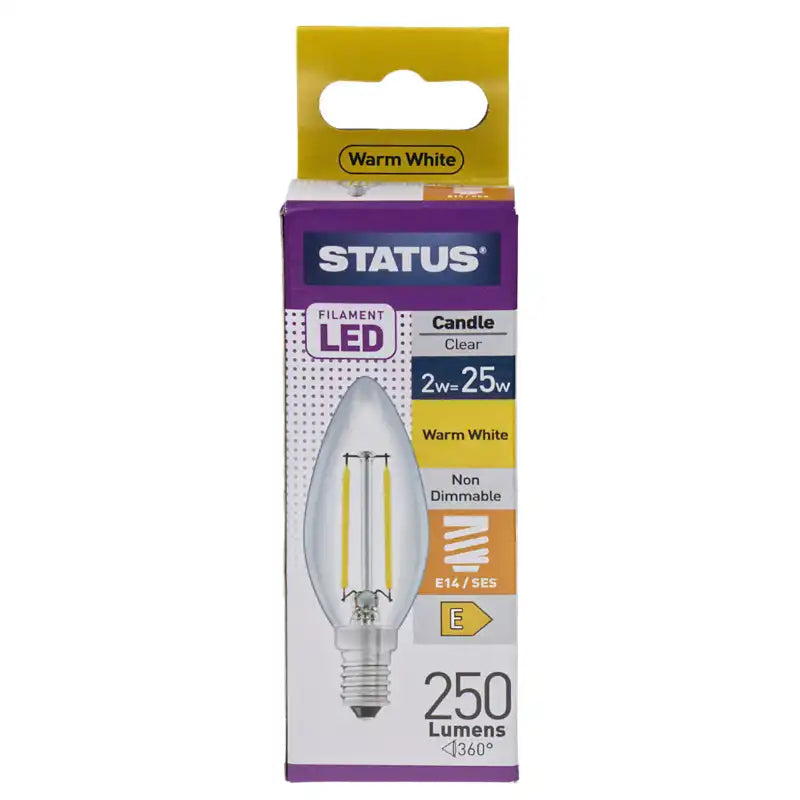 2w = 25w = 270 lumens - Filament LED - Candle - SES - Clear - Warm White
