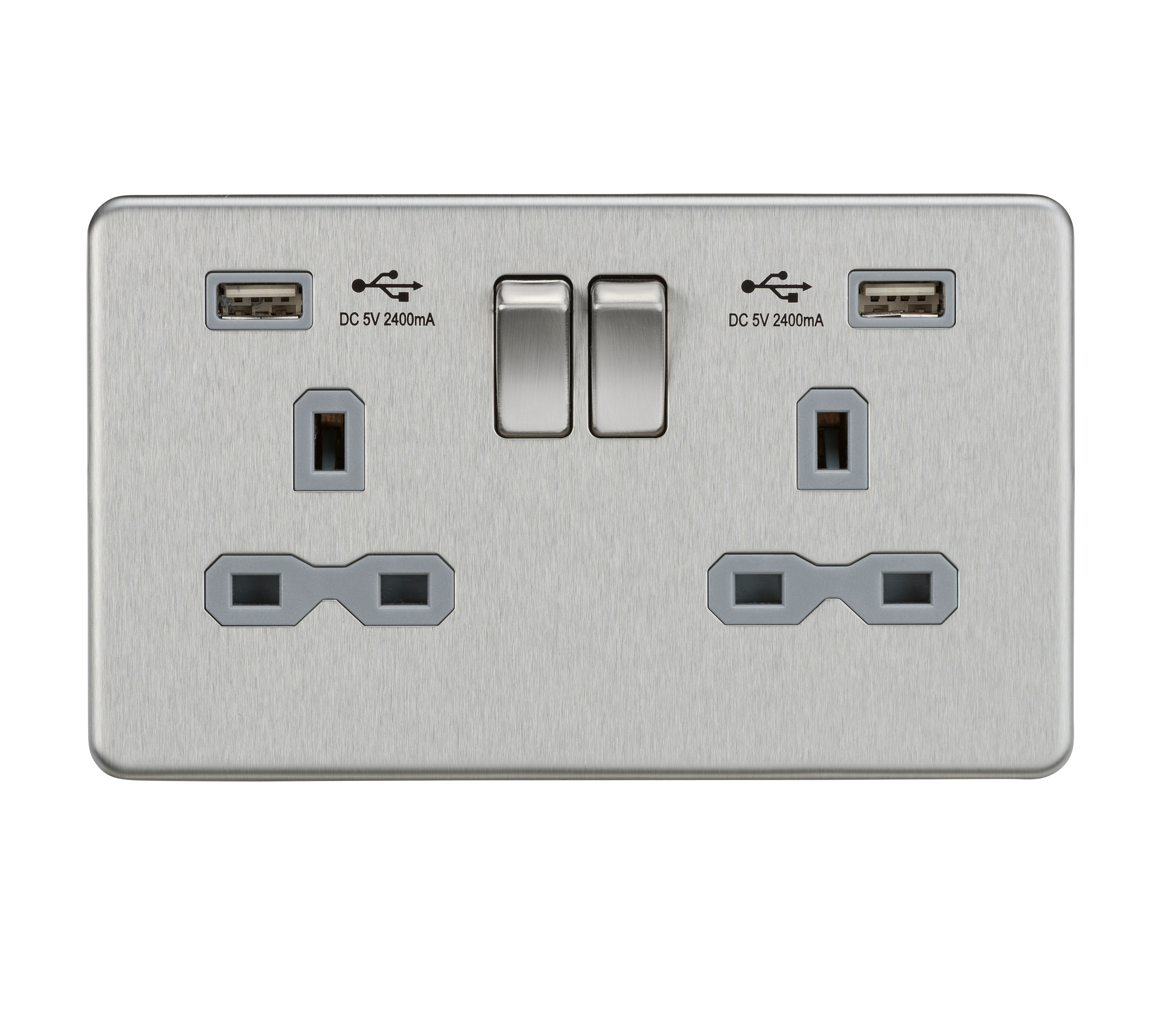 13A 2G switched socket with dual USB charger A + A (2.4A) - Brushed chrome with grey insert