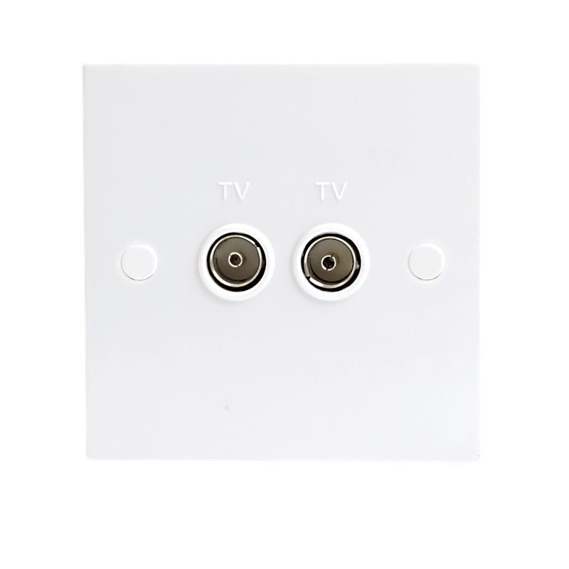White Twin Coaxial TV Outlet Un-Isolated Single Wall Plate