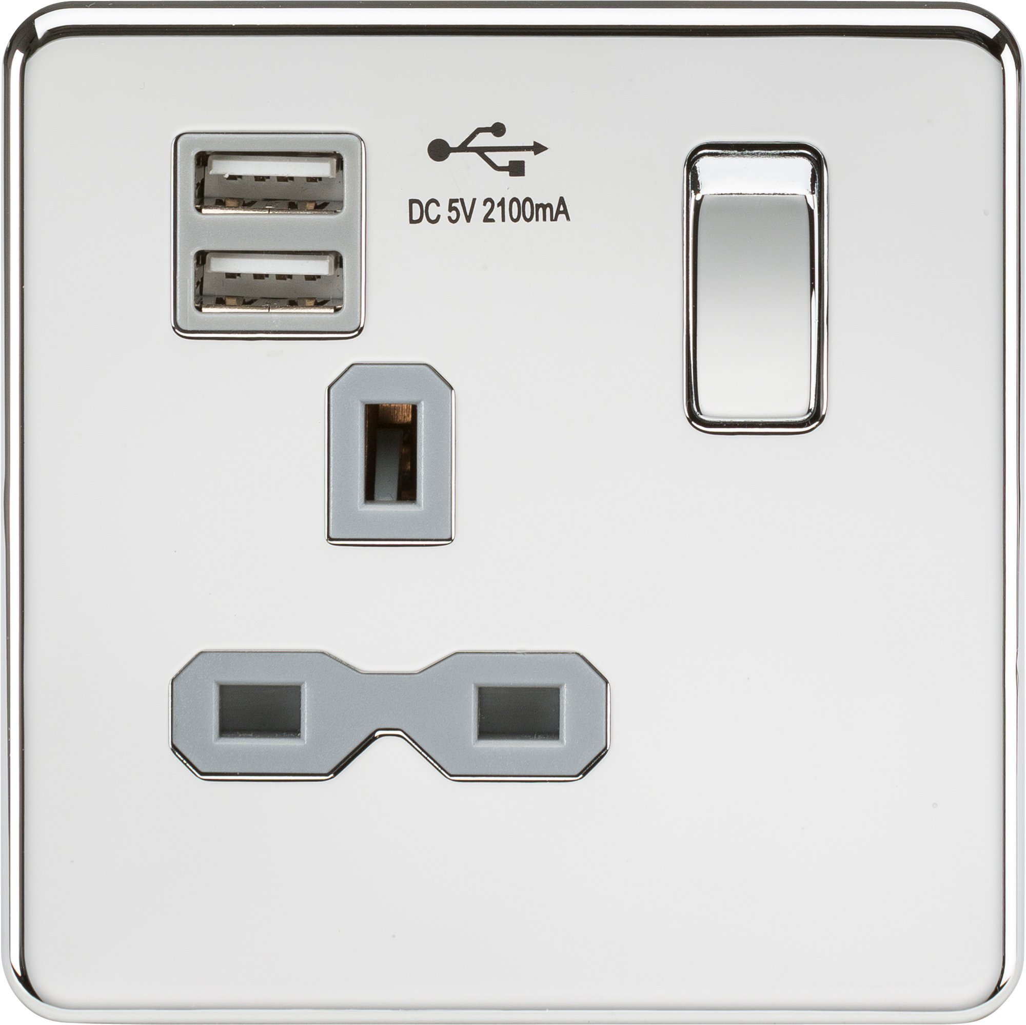 Screwless 13A 1G switched socket with dual USB charger (2.1A) - polished chrome with grey insert