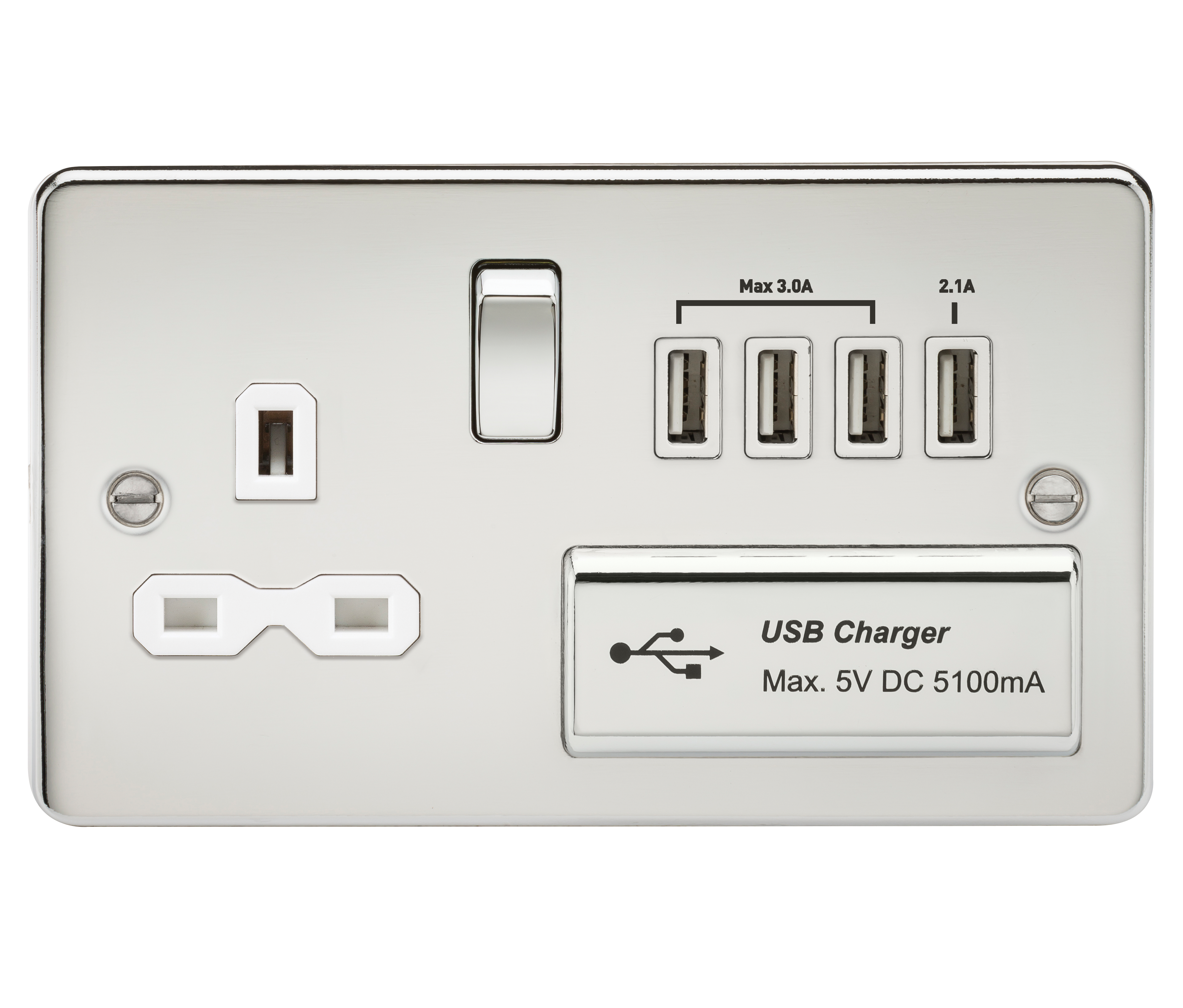 Flat plate 13A switched socket with quad USB charger - polished chrome with white insert