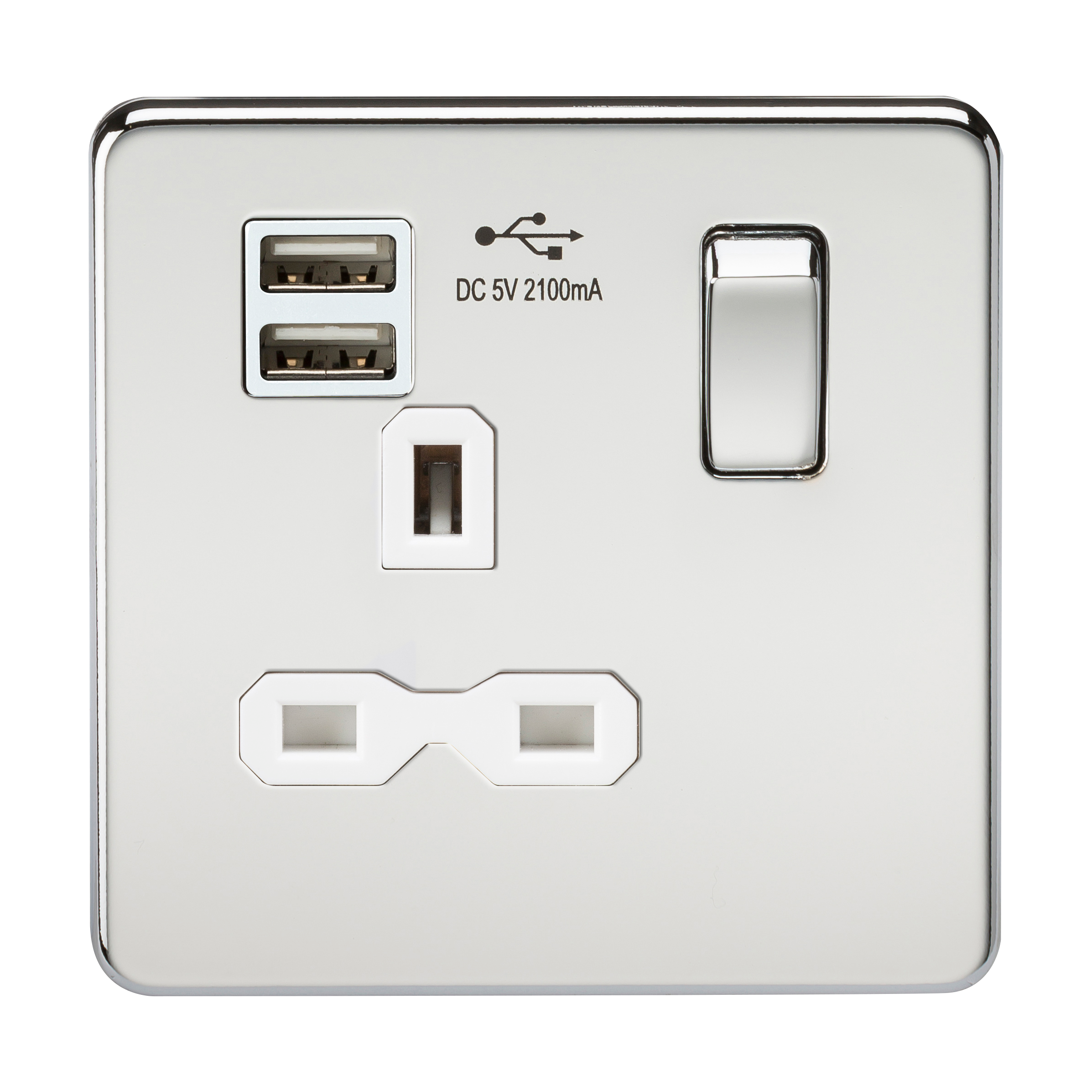 1G 13A Screwless Polished Chrome 1G Switched Socket with Dual 5V USB Charger Ports - White Insert
