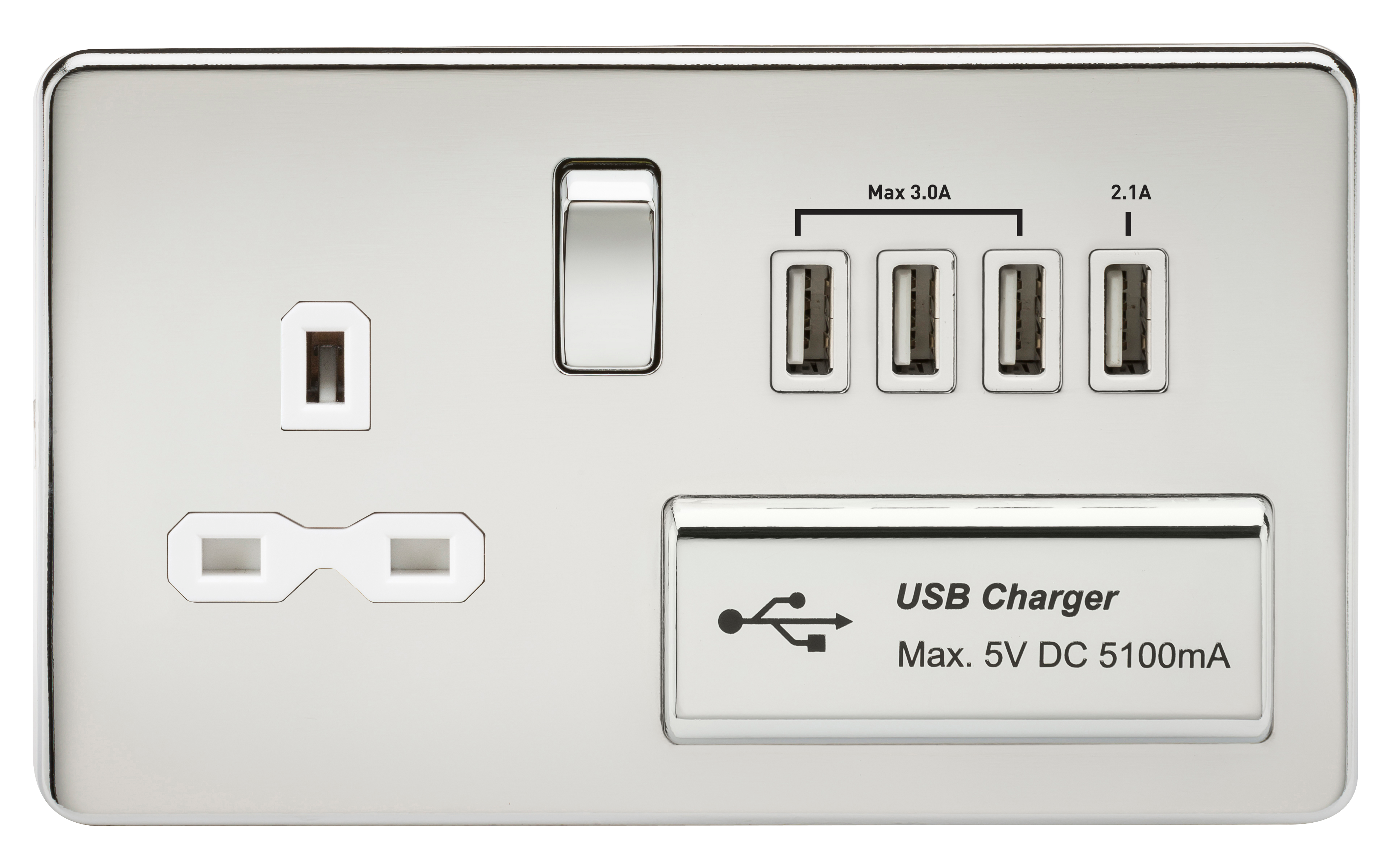 2G 13A Screwless Polished Chrome 1G Switched Socket with Quad 5V USB Charger Ports - White Insert