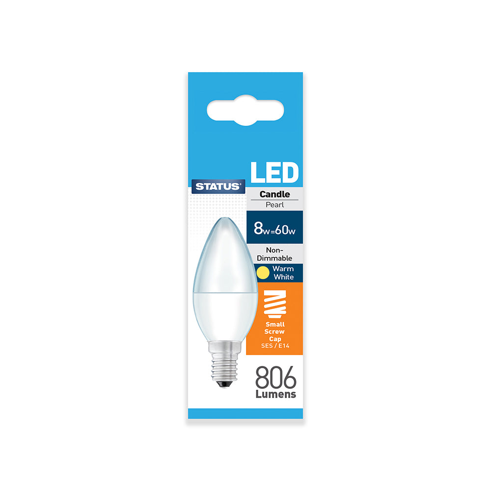 8w = 60w = 806 lumens - LED - Candle - SES - PA - Pearl - Warm White