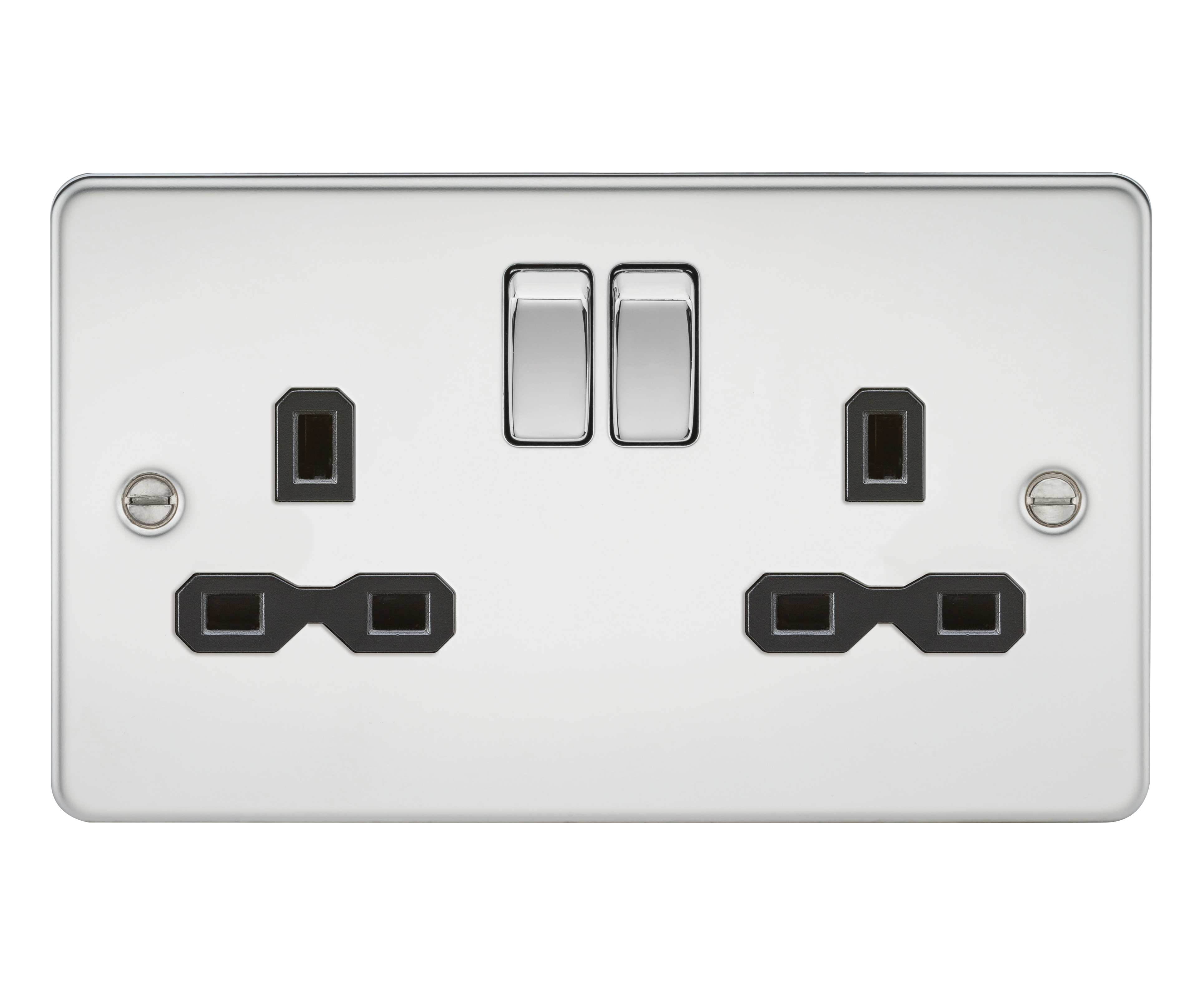 Flat plate 13A 2G DP switched socket - polished chrome with black insert