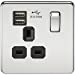 1G 13A Screwless Polished Chrome 1G Switched Socket with Dual 5V USB Charger Ports - Black Insert