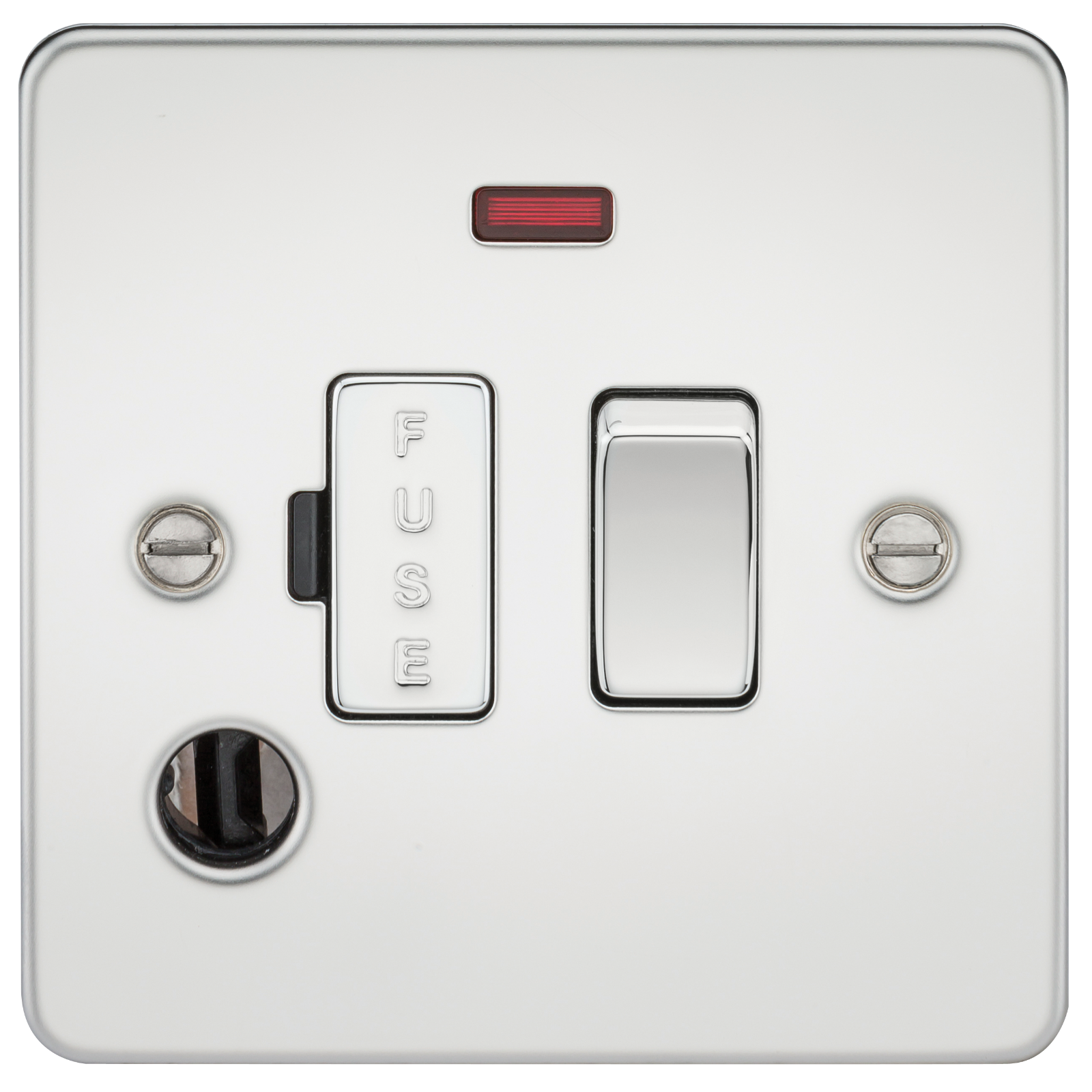 Flat Plate 13A switched fused spur unit with neon and flex outlet - polished chrome