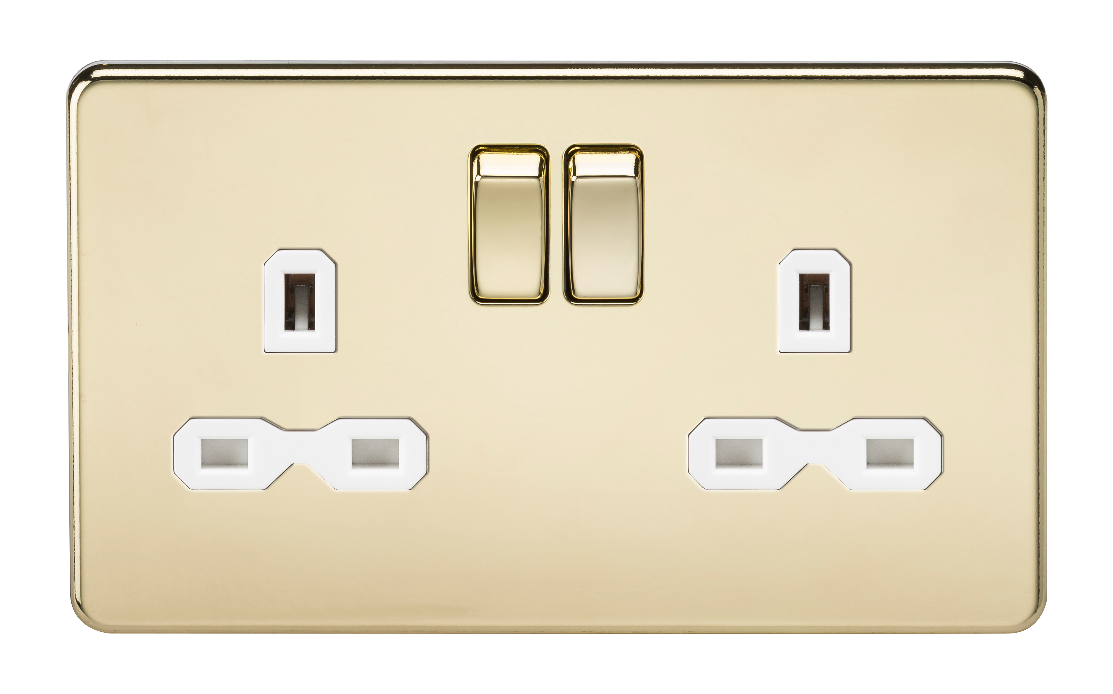 2G DP 13A Screwless Polished Brass 230V UK 3 Pin Switched Electric Wall Socket - White Insert
