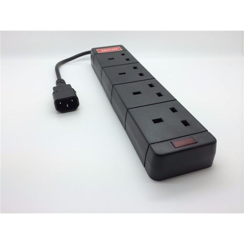 Deluxe IEC C14 Male to 13A 4 Gang UK Mains Adapter Trailing Socket Lead with Neon - 0.5m