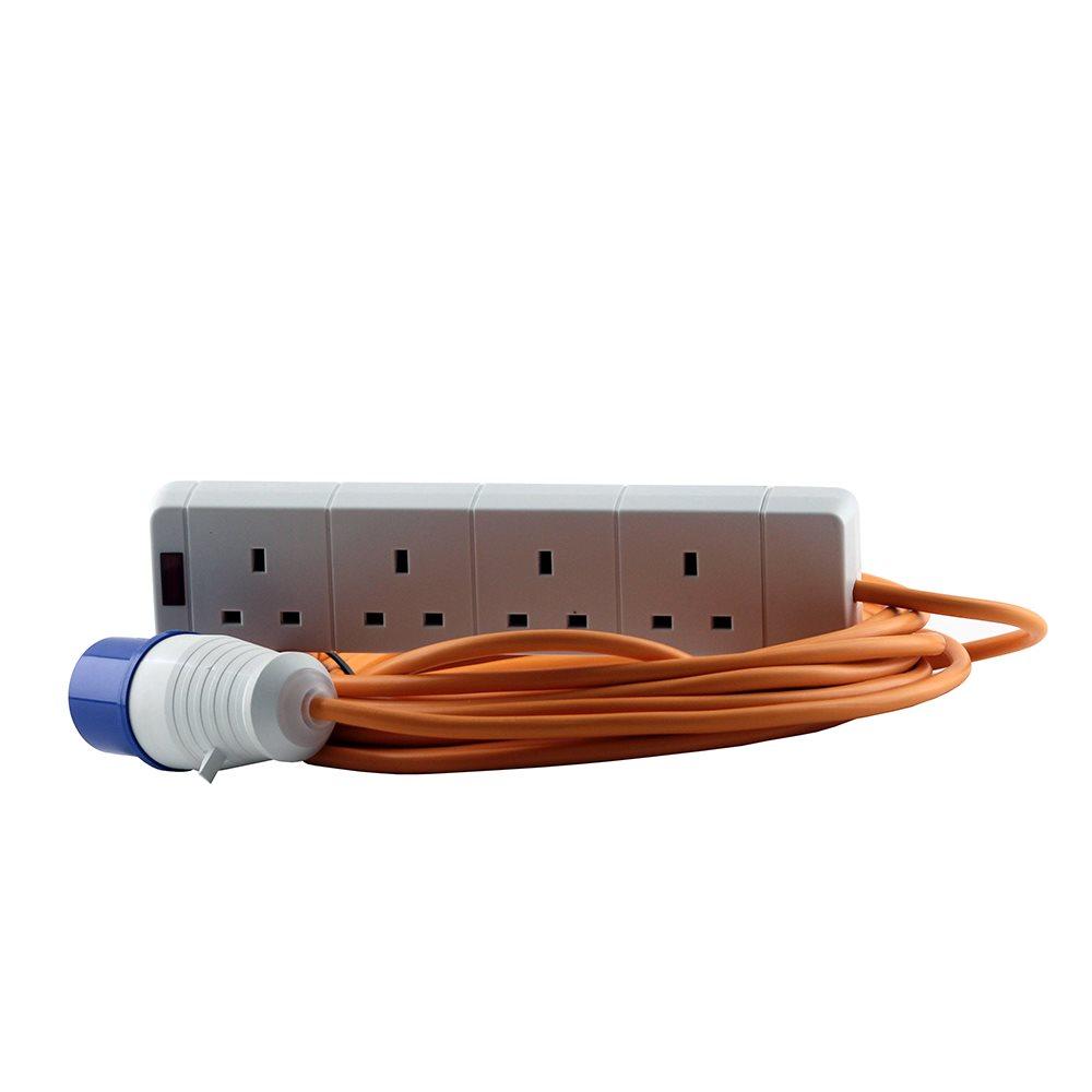 16A 230V Orange Male to 4 Gang Hook Up Extension Cable Lead - 15m