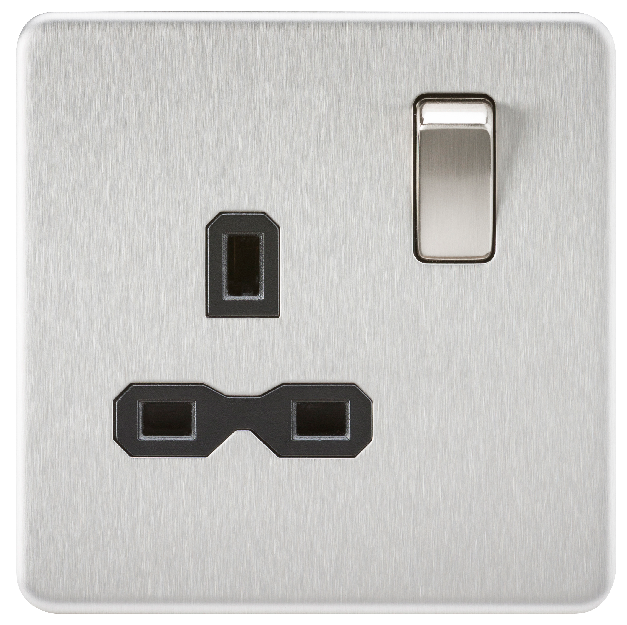 1G 13A Screwless Brushed Chrome 230V UK 3 Pin Switched Electrical Wall Socket - Black Insert