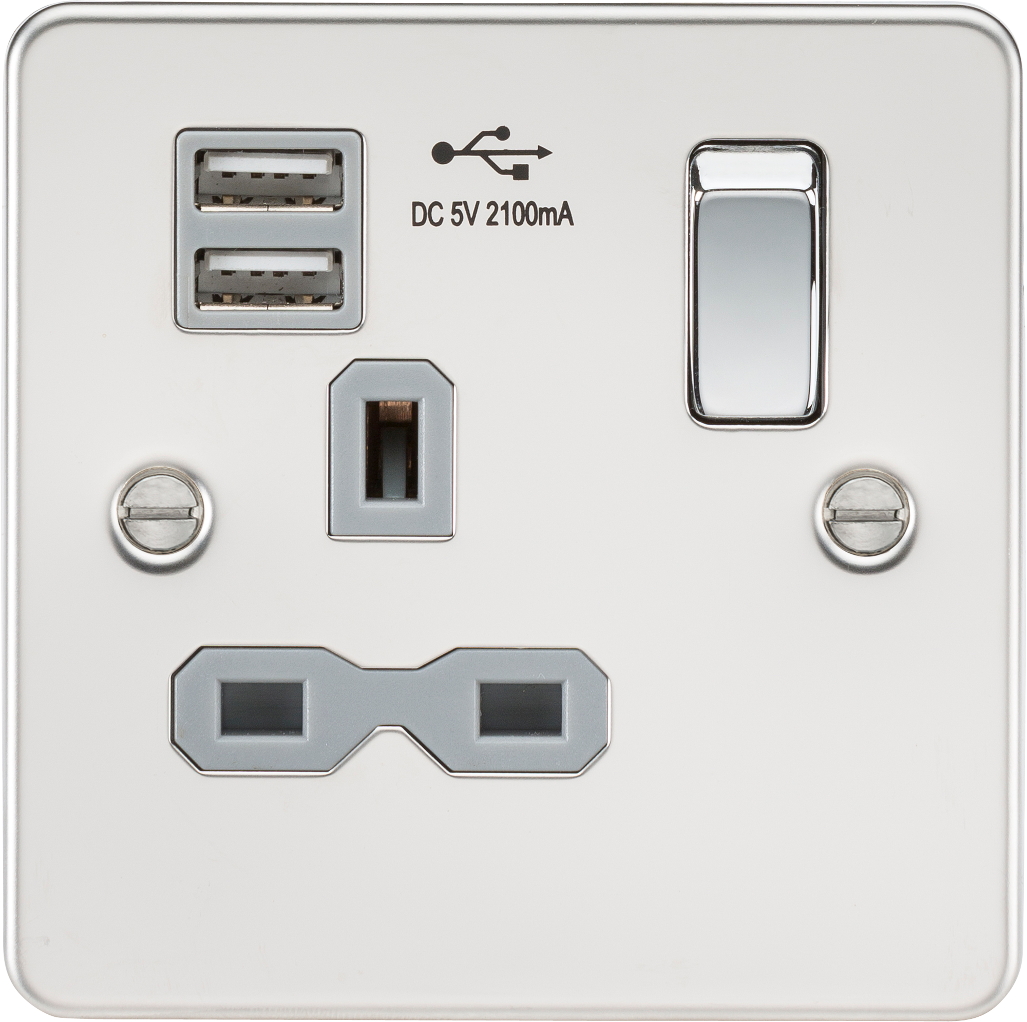 Flat plate 13A 1G switched socket with dual USB charger (2.1A) - polished chrome with grey insert