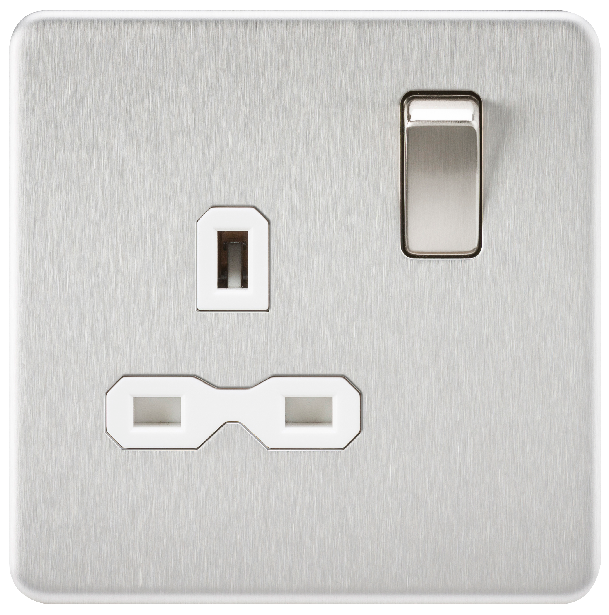 1G 13A Screwless Brushed Chrome 230V UK 3 Pin Switched Electrical Wall Socket - White Insert