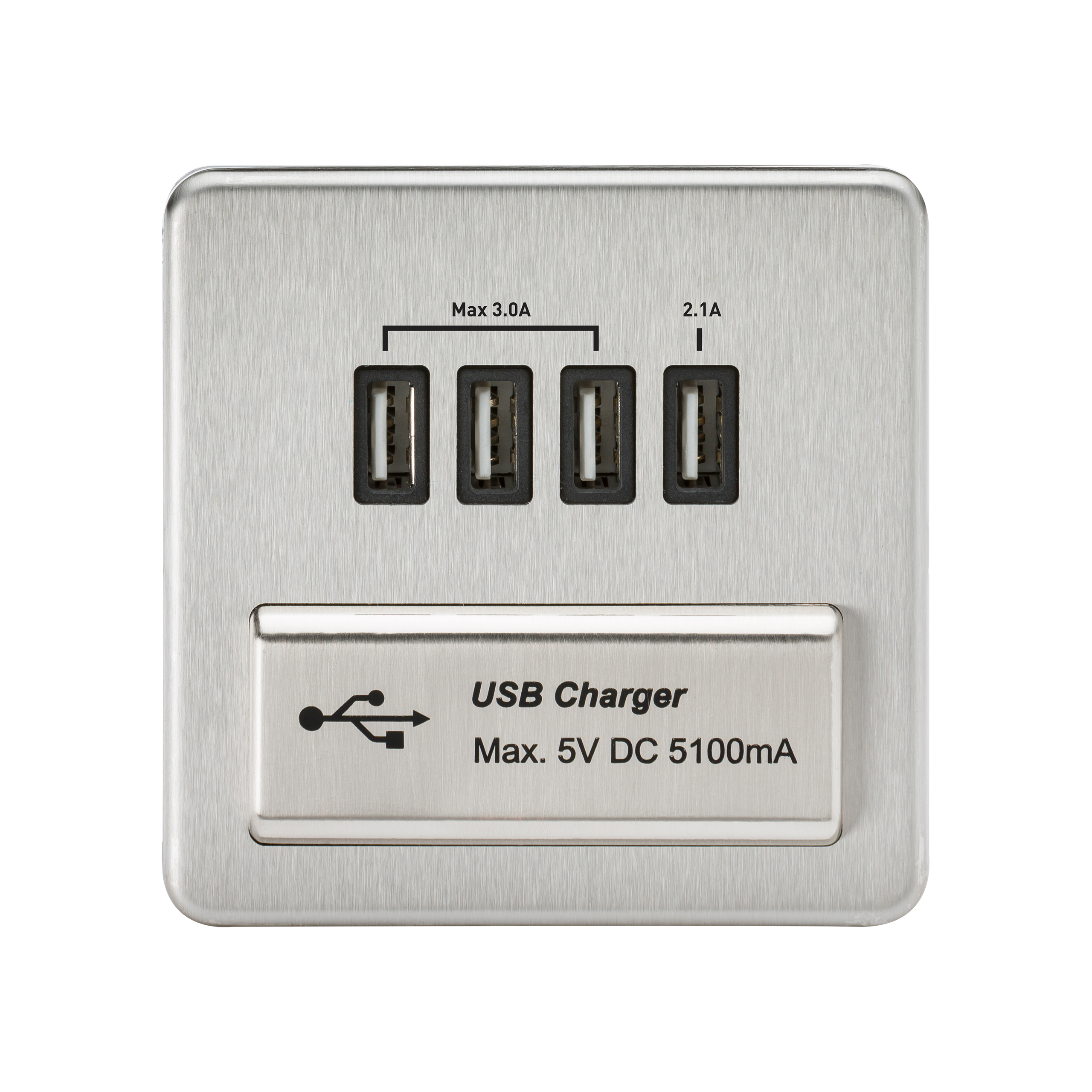 1G Screwless Brushed Chrome Quad USB 5V Charger Outlet - Black Insert