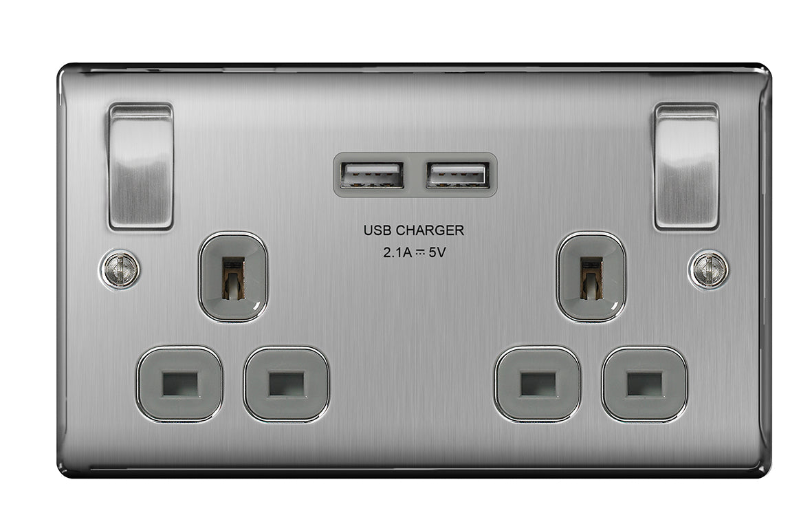 2G USB Switched Socket - Brushed Steel