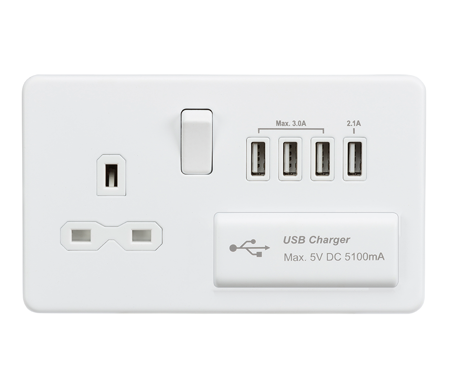Screwless 13A switched socket with quad USB charger (5.1A) - matt white