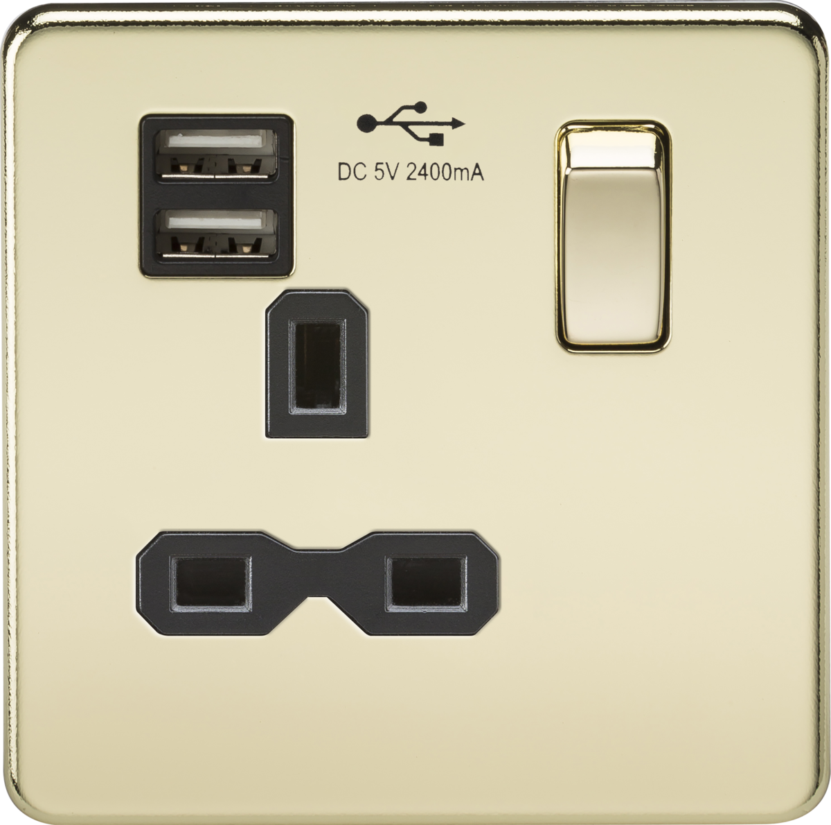 1G 13A Screwless Polished Brass 1G Switched Socket with Dual 5V USB Charger Ports - Black Insert