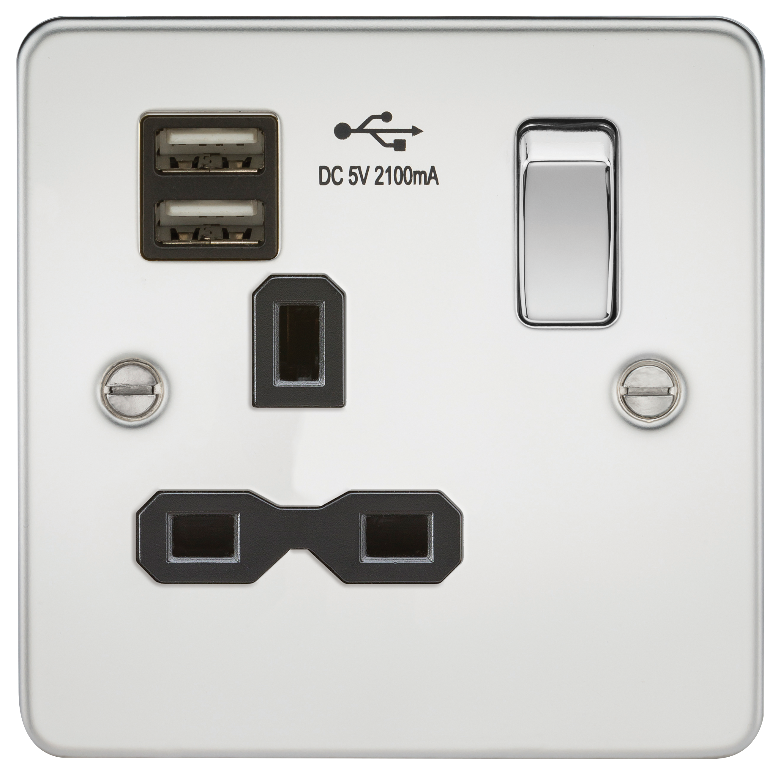 Flat plate 13A 1G switched socket with dual USB charger (2.1A) - polished chrome with black insert