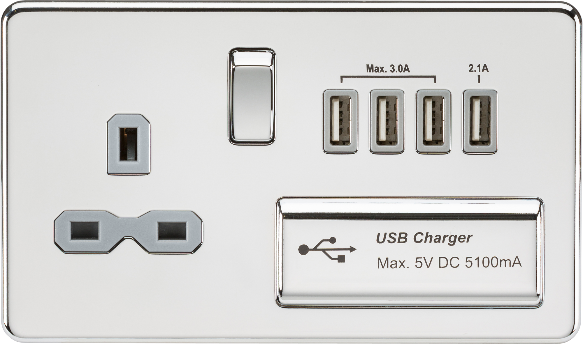 Screwless 13A switched socket with quad USB charger (5.1A) - polished chrome with grey insert