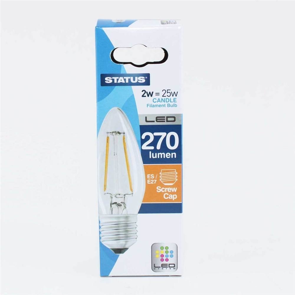 2w = 25w = 270 lumens - Filament LED - Candle - SES - Clear - Warm White