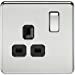 1G DP 13A Screwless Polished Chrome 230V UK 3 Pin Switched Electrical Wall Socket - Black Insert