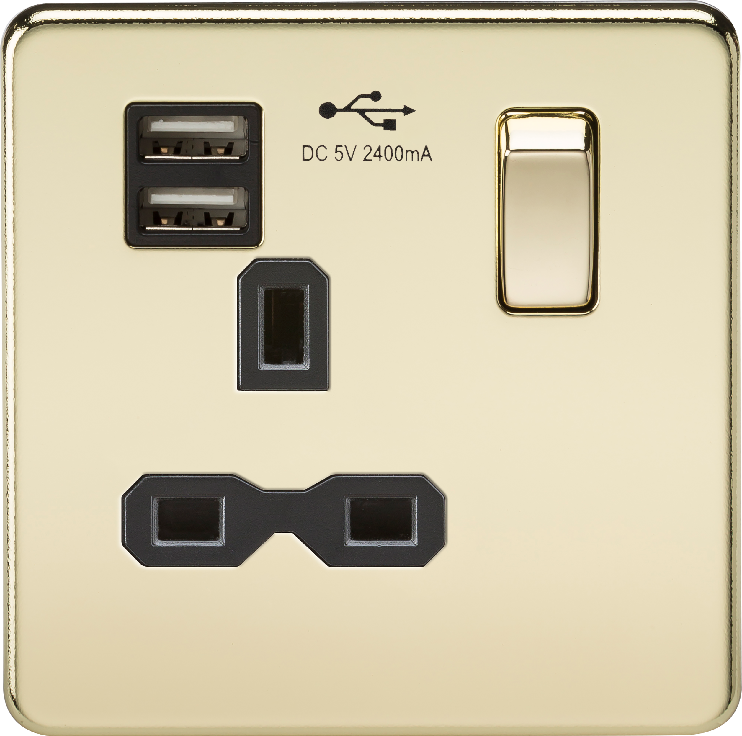 1G 13A Screwless Polished Brass 1G Switched Socket with Dual 5V USB Charger Ports - Black Insert