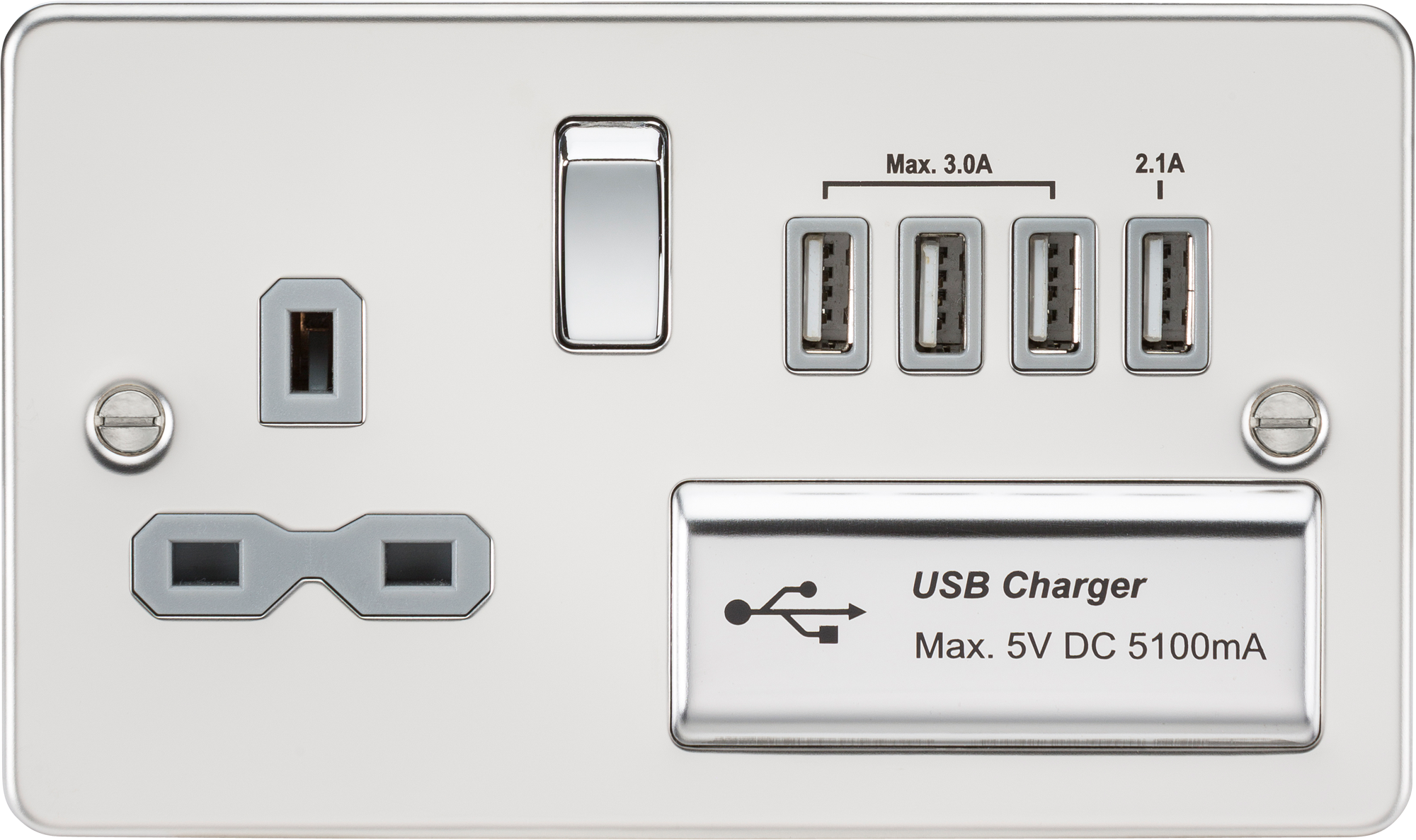 Flat plate 13A switched socket with quad USB charger - polished chrome with grey insert
