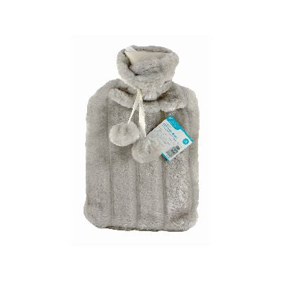 2L Hot Water Bottle With Plush Faux Fur Cover, Light Grey
