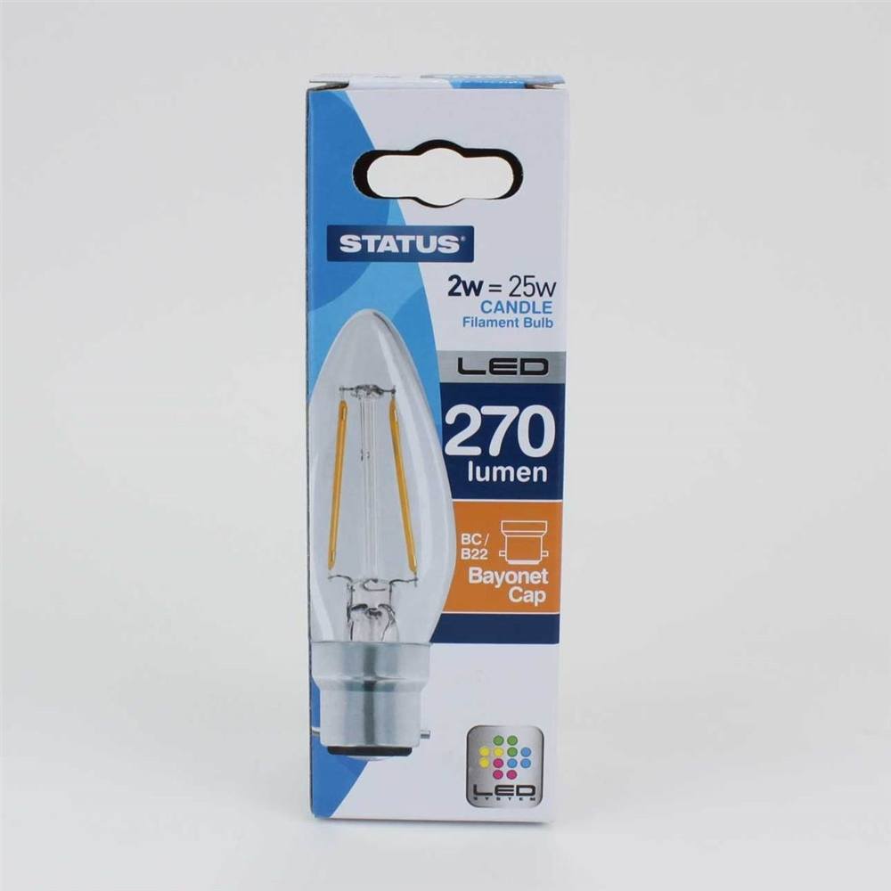 2w = 25w = 270 lumens - Filament LED - Candle - SES - Clear - Warm White