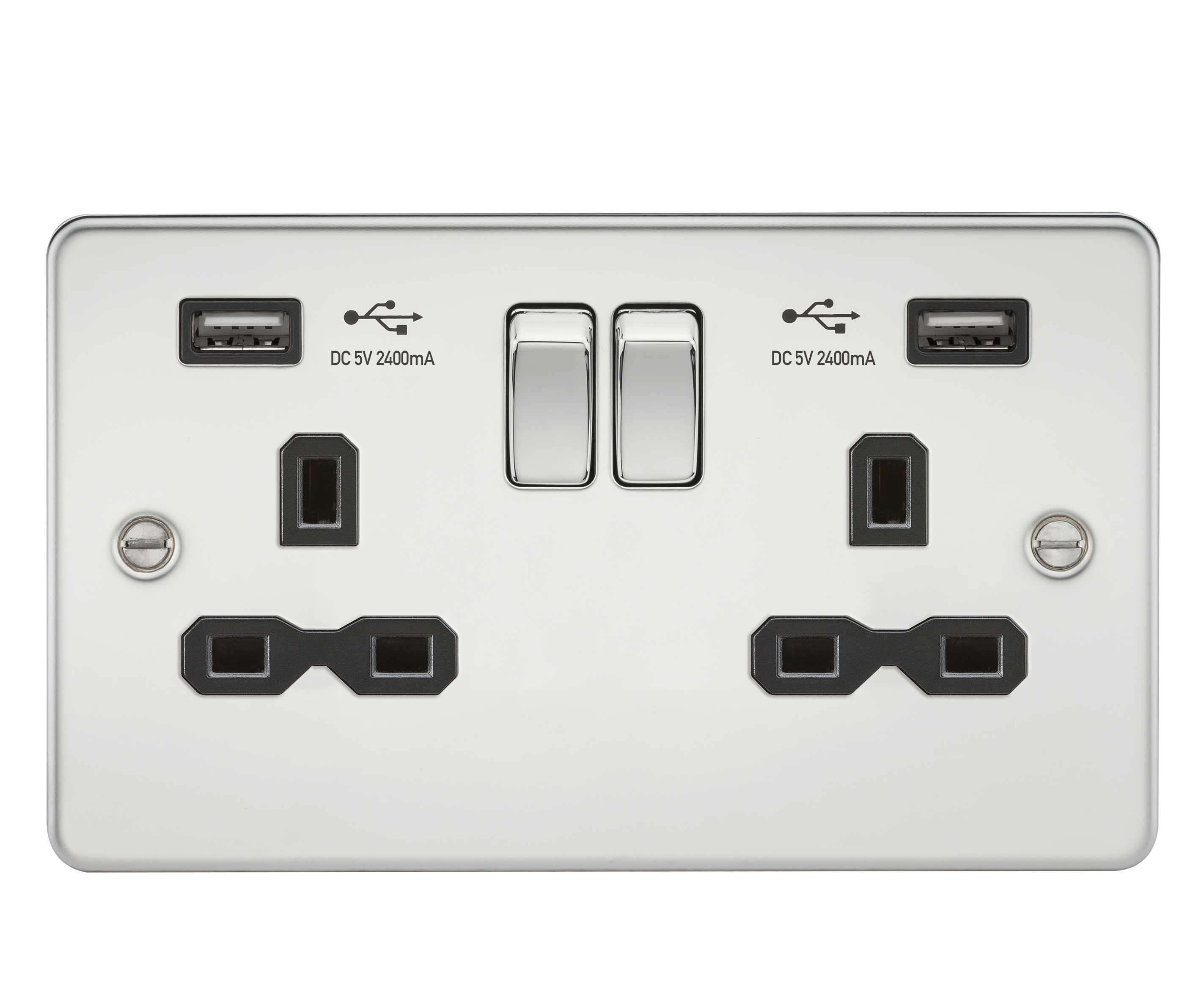 13A 2G switched socket with dual USB charger A + A (2.4A) - Polished chrome with black insert