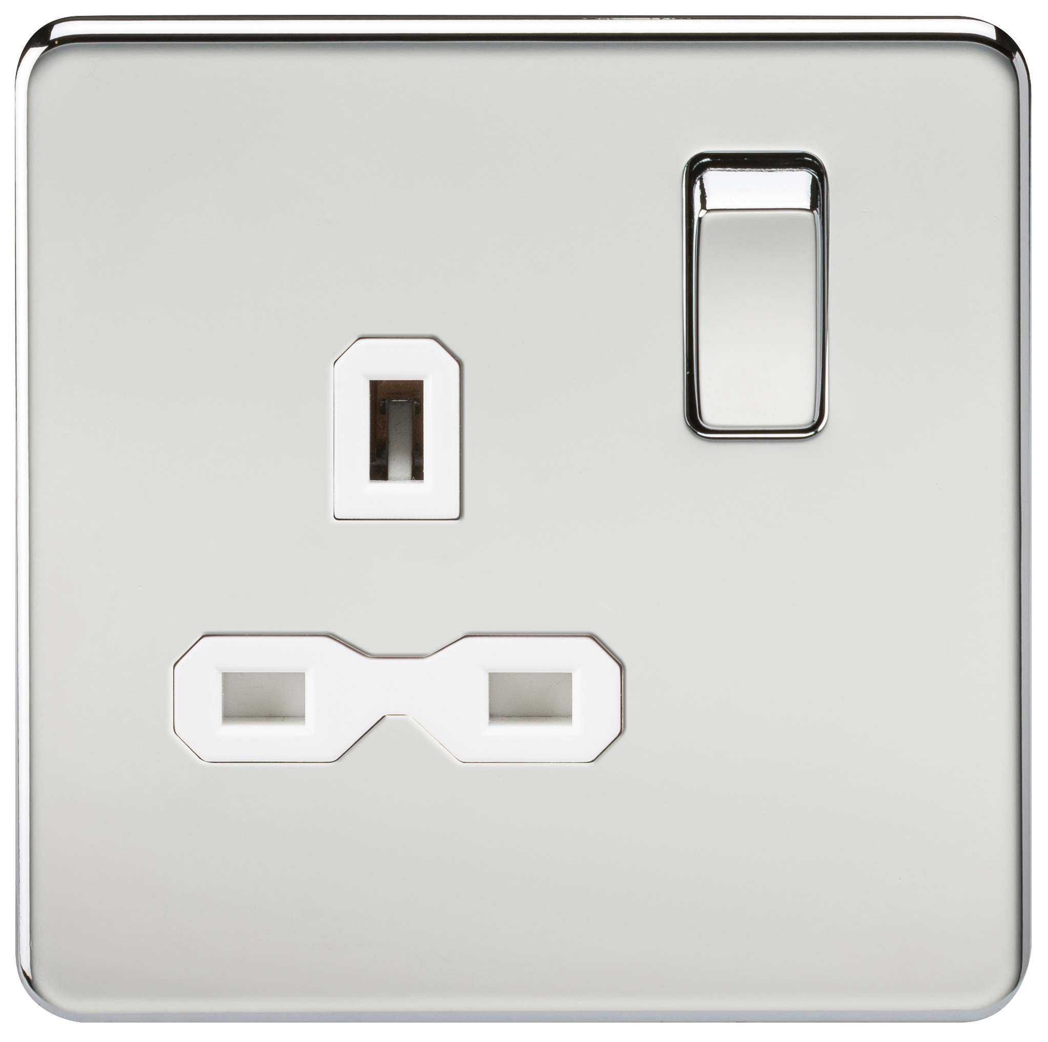 1G DP 13A Screwless Polished Chrome 230V UK 3 Pin Switched Electrical Wall Socket - White Insert