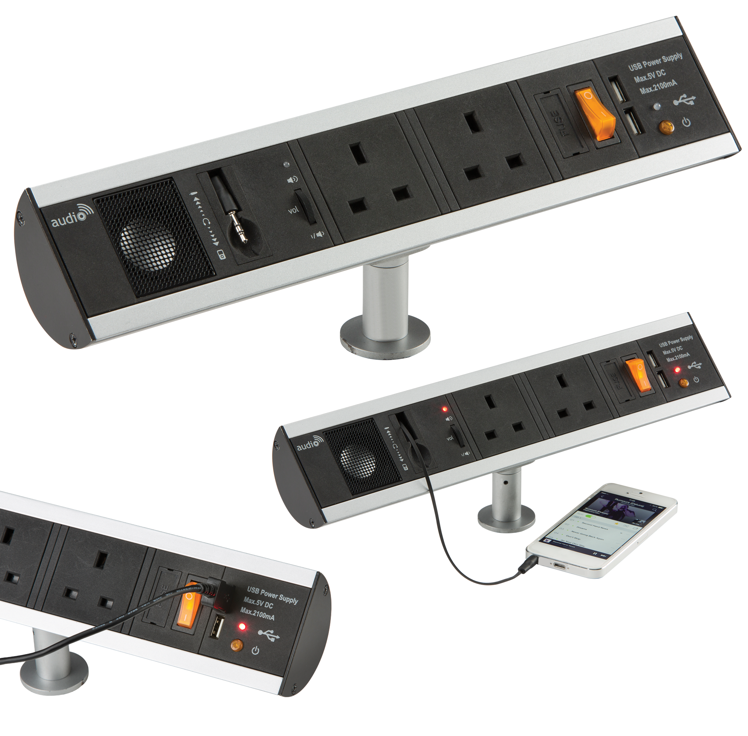 13A 2G Table Top Power Station Socket with Twin USB Charger & Aux Speaker