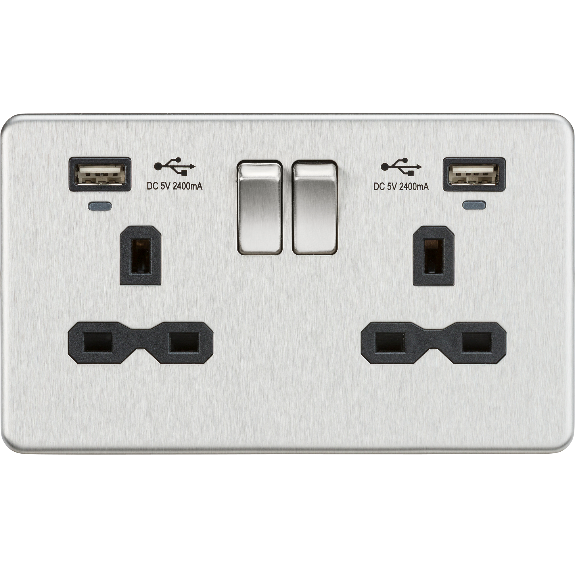 13A 2G Brushed Chrome Switched Sockets, Dual USB (2.4A) with LED Charge Indicators - Black Insert