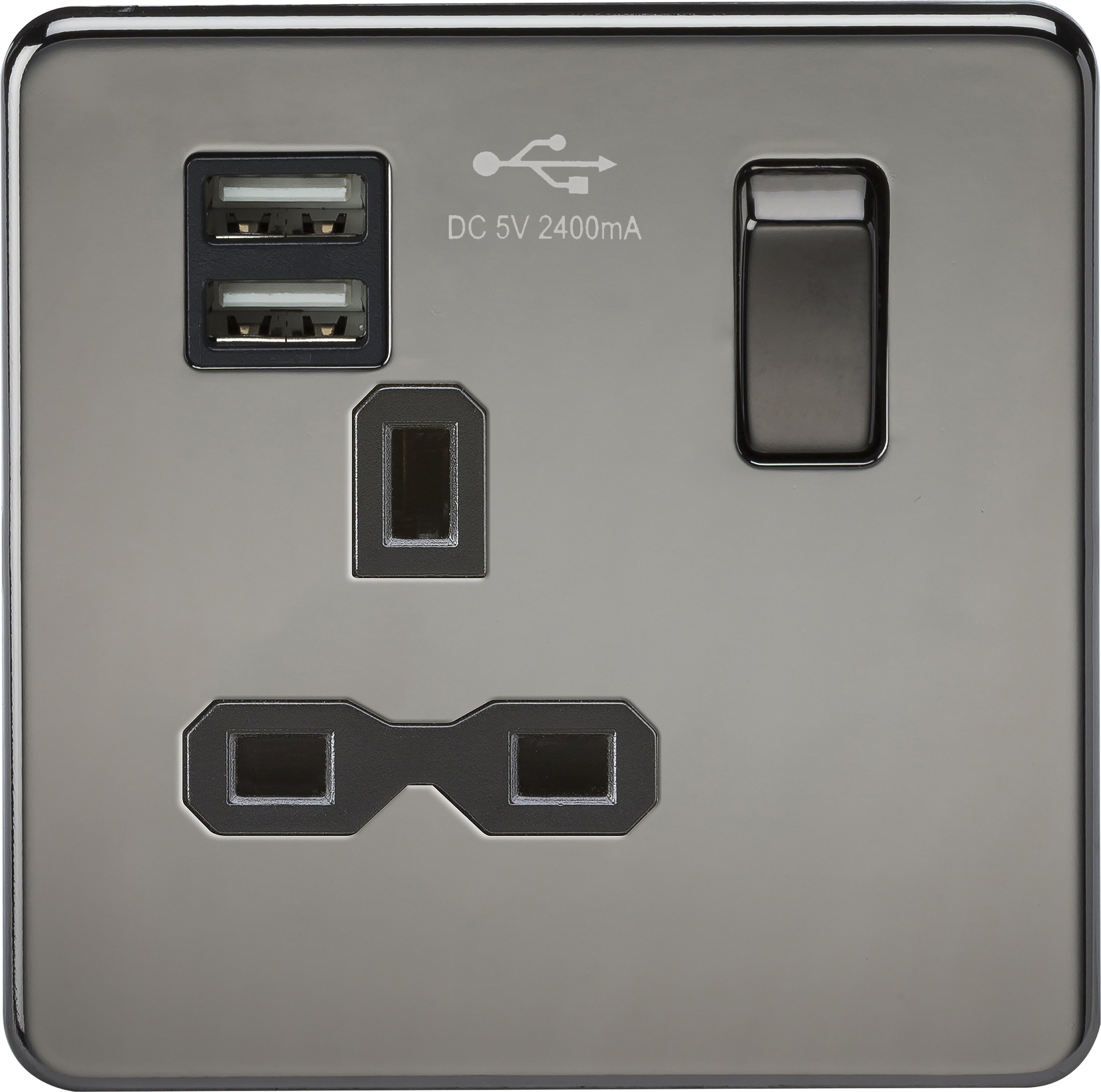 1G 13A Screwless Black Nickel 1G Switched Socket with Dual 5V USB Charger Ports - Black Insert