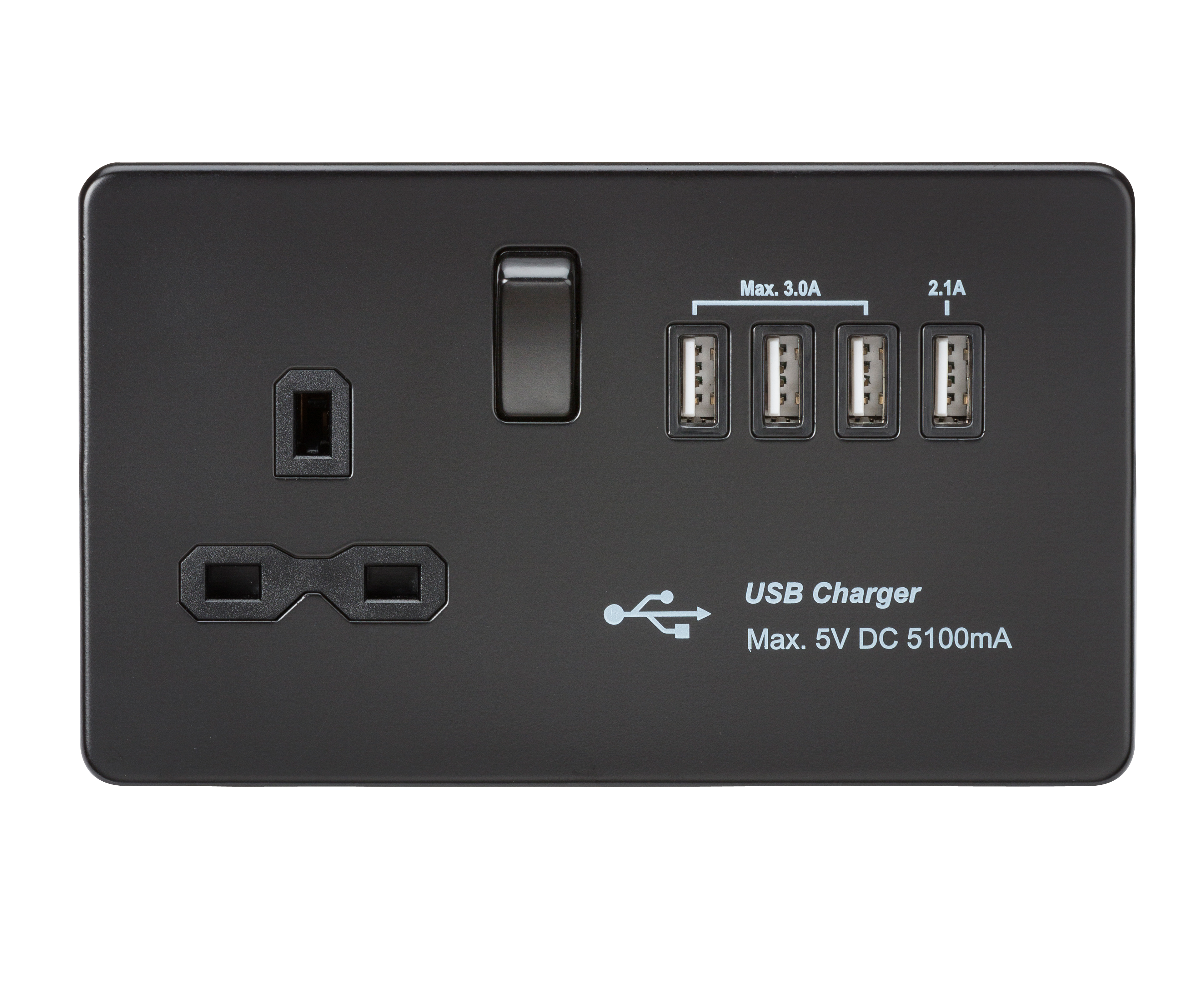 Screwless 13A switched socket with quad USB charger (5.1A) - Matt Black