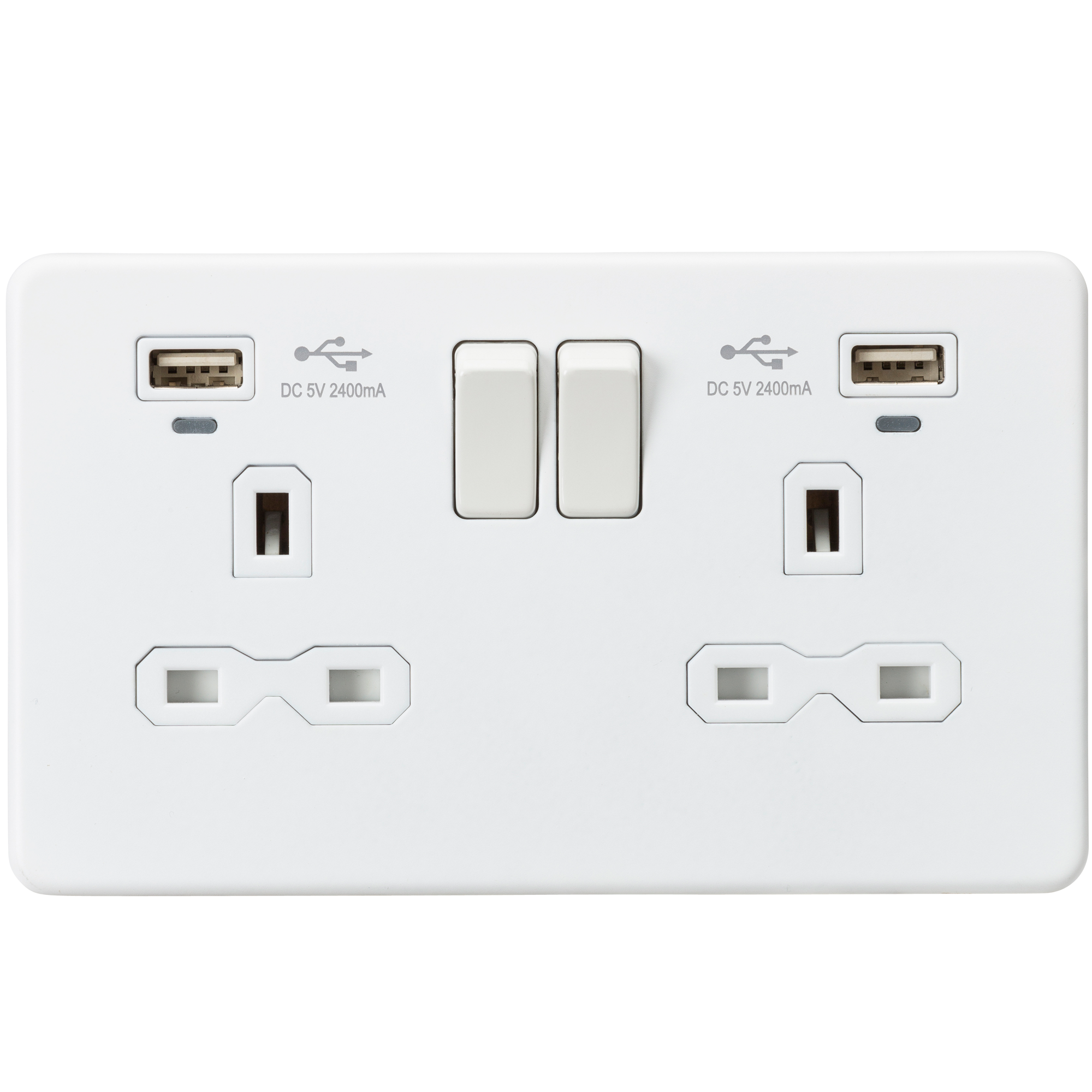 13A 2G Switched Socket, Dual USB (2.4A) with LED Charge Indicators - Matt White