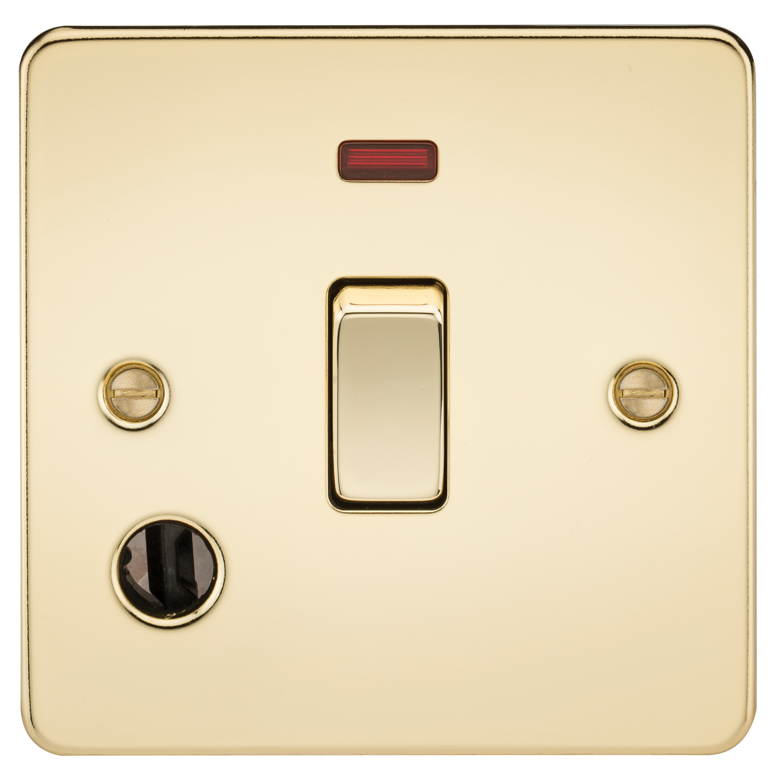 Flat Plate 20A 1G DP switch with neon and flex outlet - polished brass
