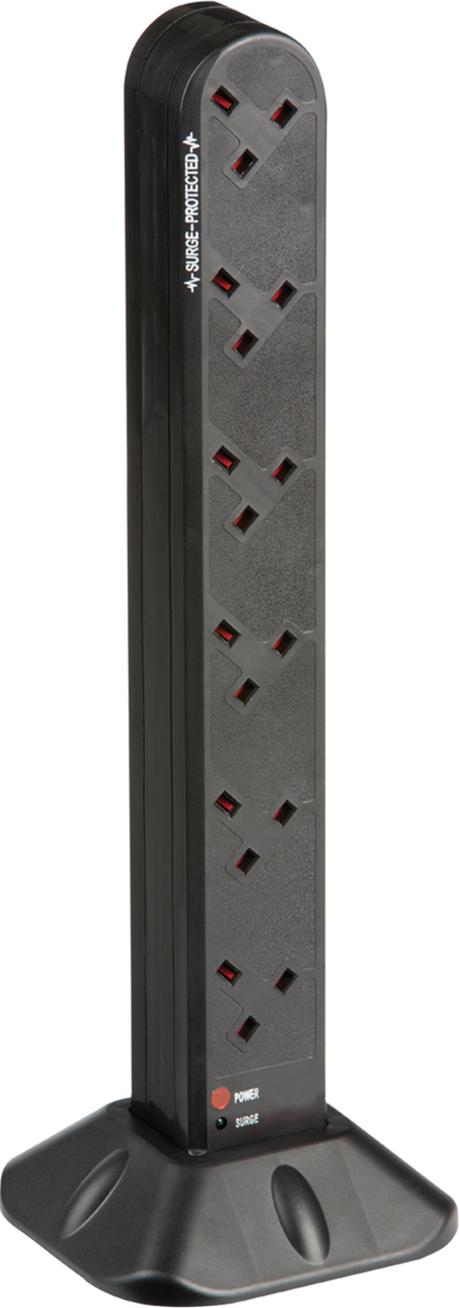 Surge Protected UK Extension Socket Tower Black - 12 Gang